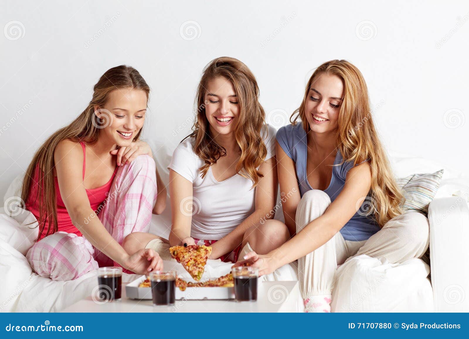 Happy Friends or Teen Girls Eating Pizza at Home Stock Photo - Image of ...