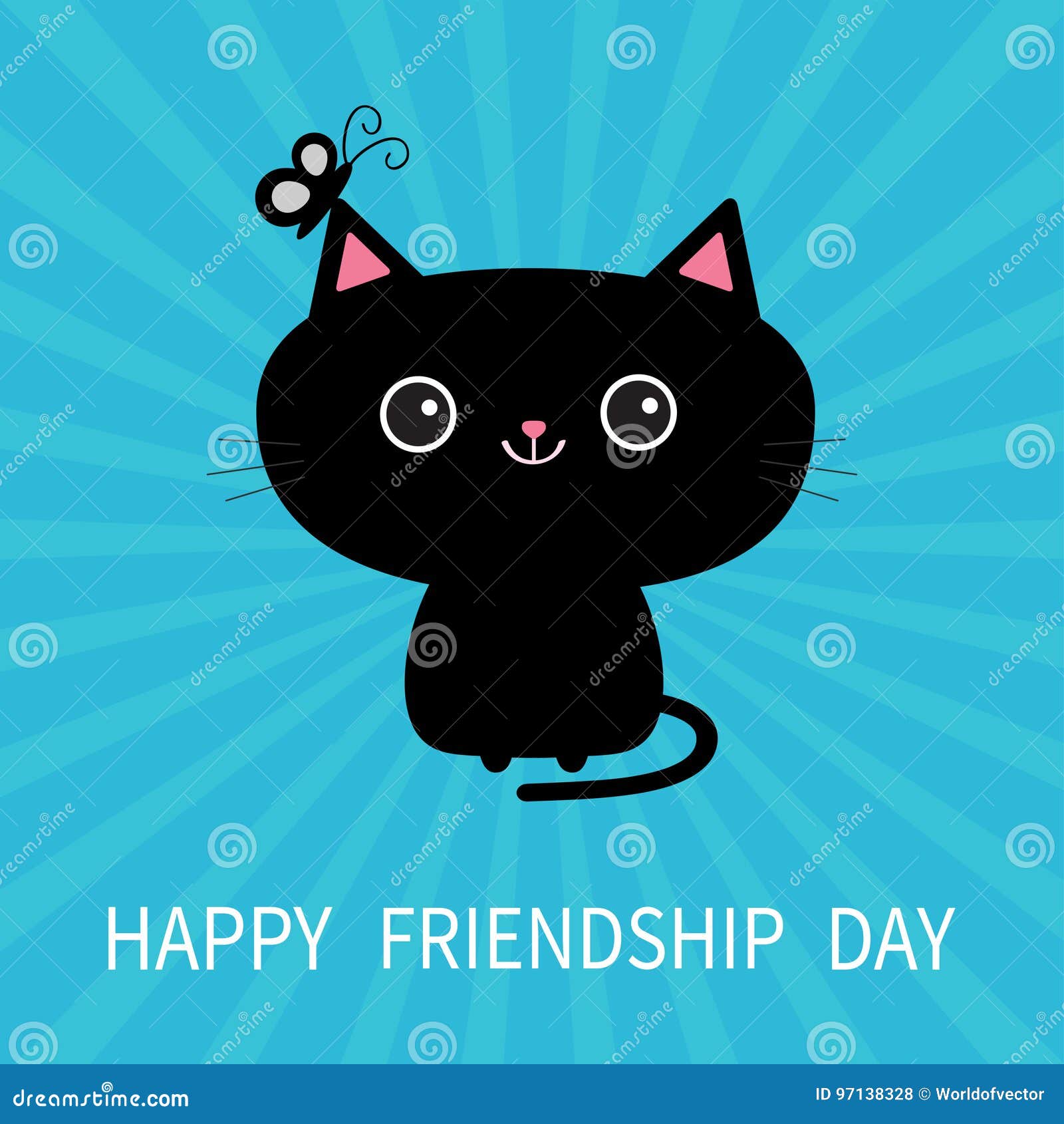 Happy Friendship Day. Black Cat Silhouette and Butterfly Insect ...