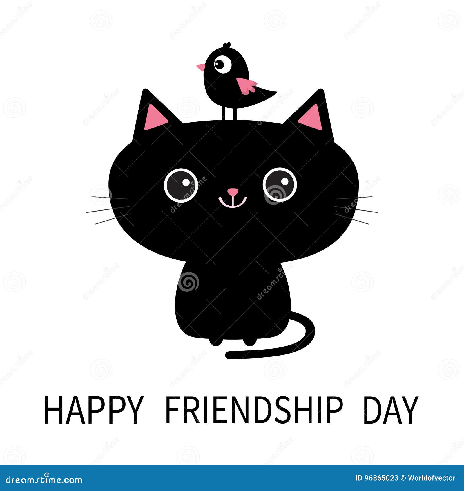 Happy Friendship Day. Cute Black Cat Icon. Bird Sitting on Head ...