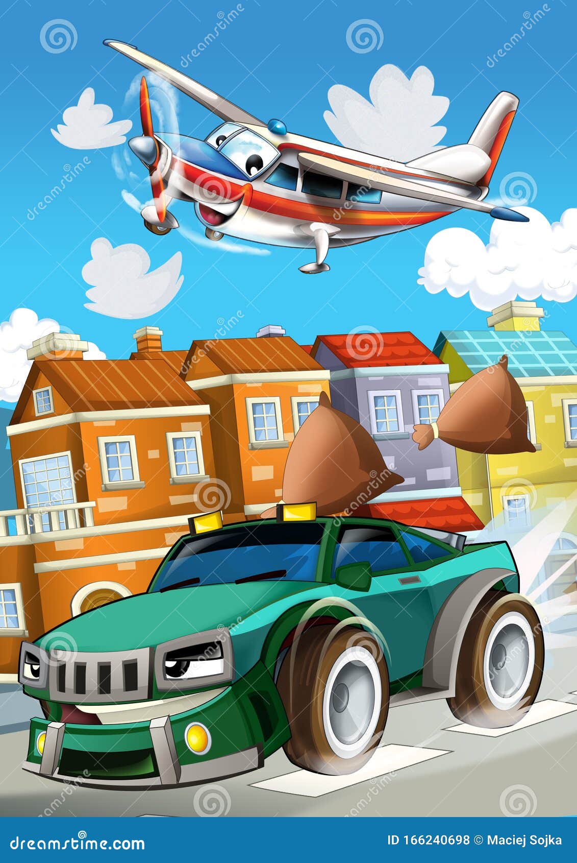 Happy and Funny Cartoon Car Looking and Smiling Driving through the City  and Plane Flying - Illustration for Children Stock Illustration -  Illustration of amusement, background: 166240698