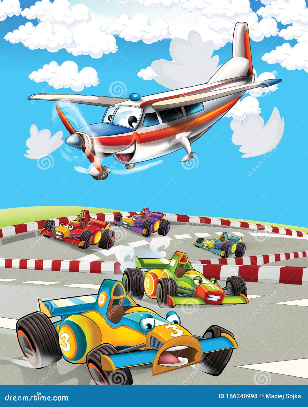 Happy and Funny Cartoon Racing Car Looking and Smiling Driving through the  City and Plane Flying - Illustration for Children Stock Illustration -  Illustration of healthcare, friendly: 166340998
