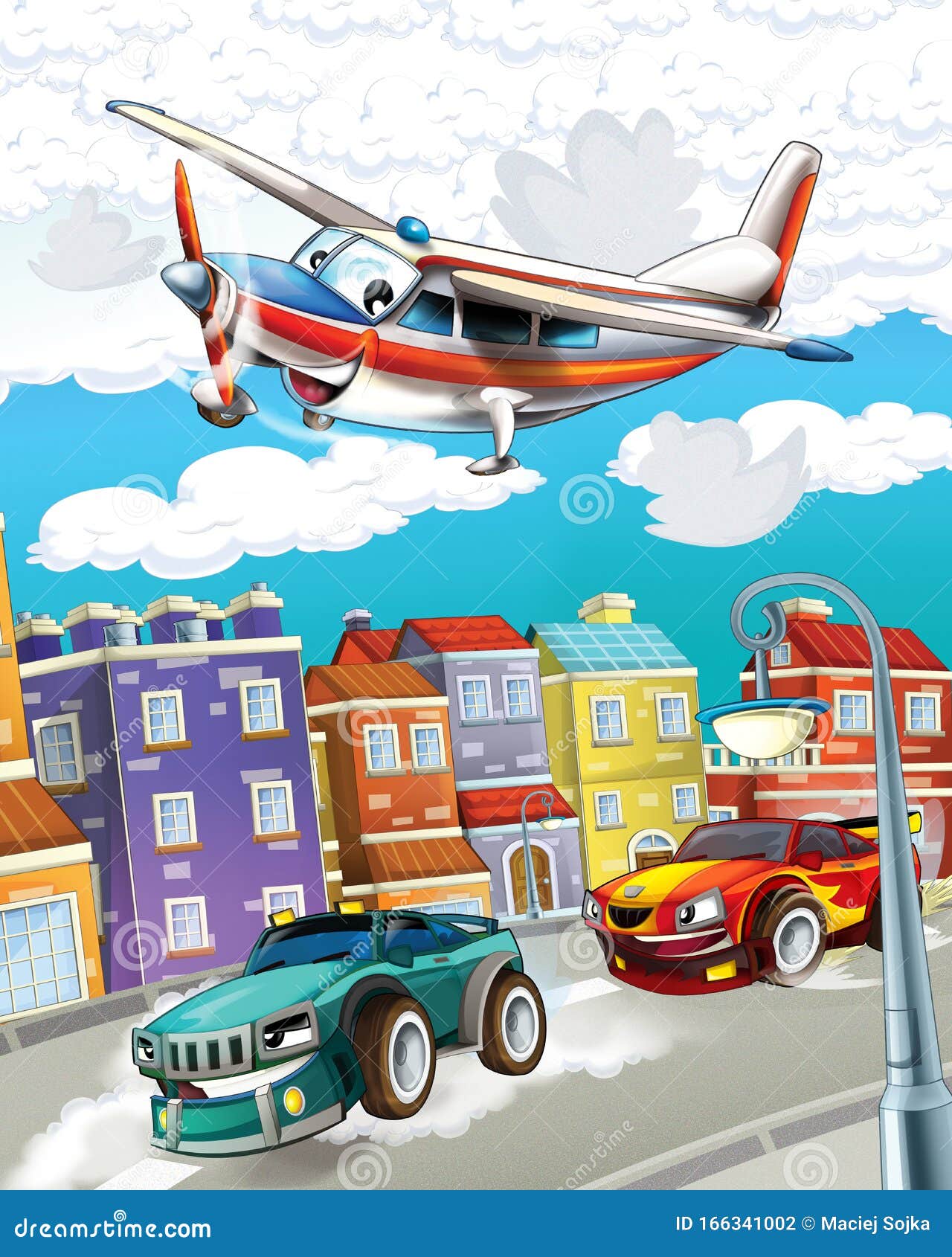 Happy and Funny Cartoon Racing Car Looking and Smiling Driving through the  City and Plane Flying - Illustration for Children Stock Illustration -  Illustration of friendly, excavator: 166341002