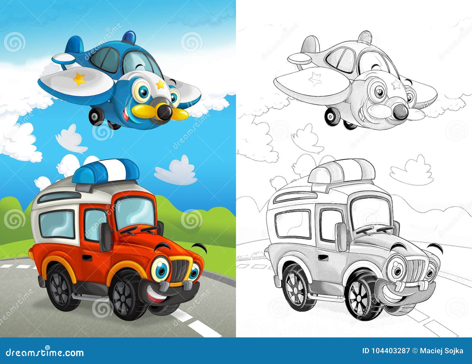 Cartoon Scene with Happy Off Road Car on the Road and Plane Flying with  Coloring Page Stock Illustration - Illustration of friendly, funny:  104403287