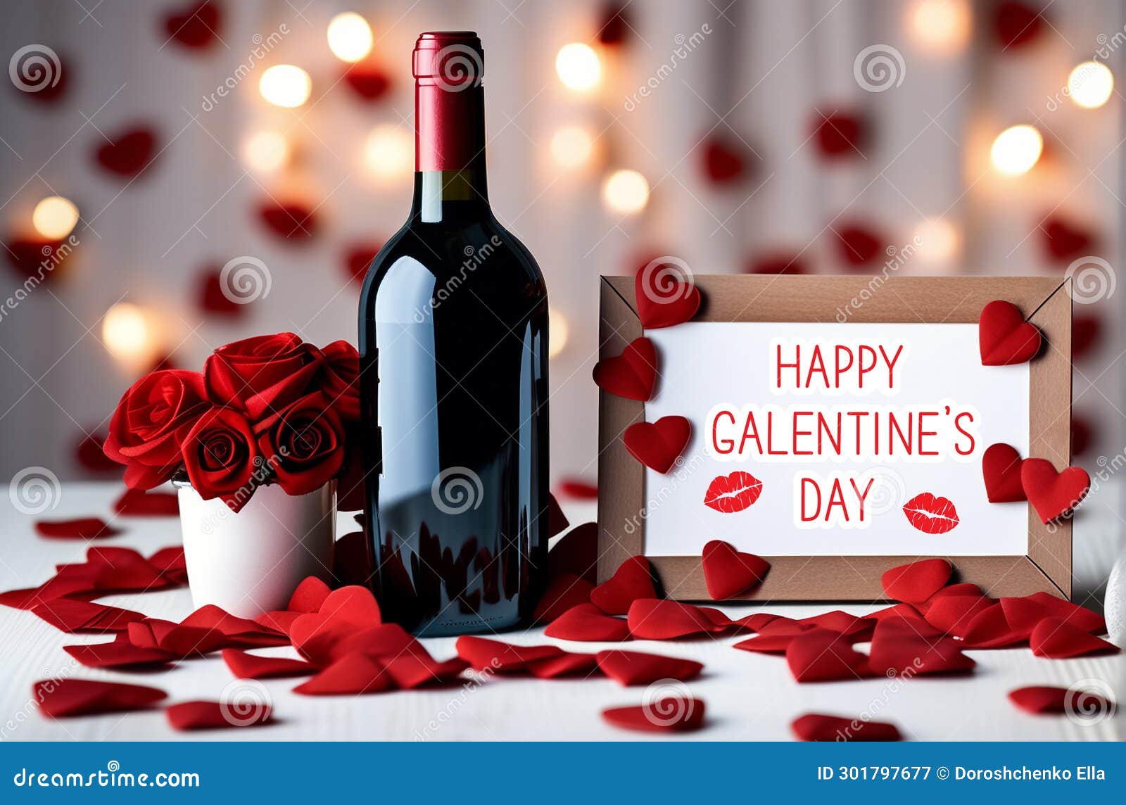 happy galentine`s day greeting banner. a bottle of wine, roses in vase, red hearts and frame