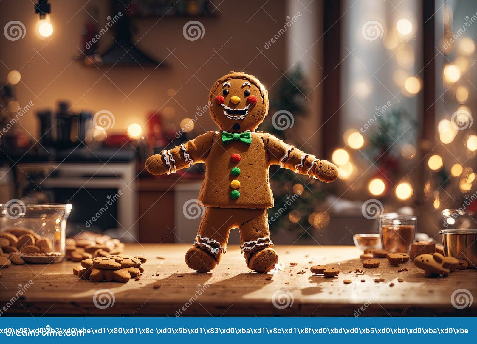 A Happy Gingerbread Man Dancing on the Kitchen Table. Ai Generative