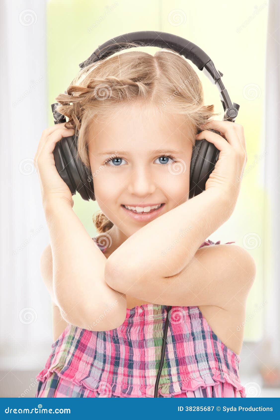 Happy Girl in Big Headphones Stock Image Image of beautiful