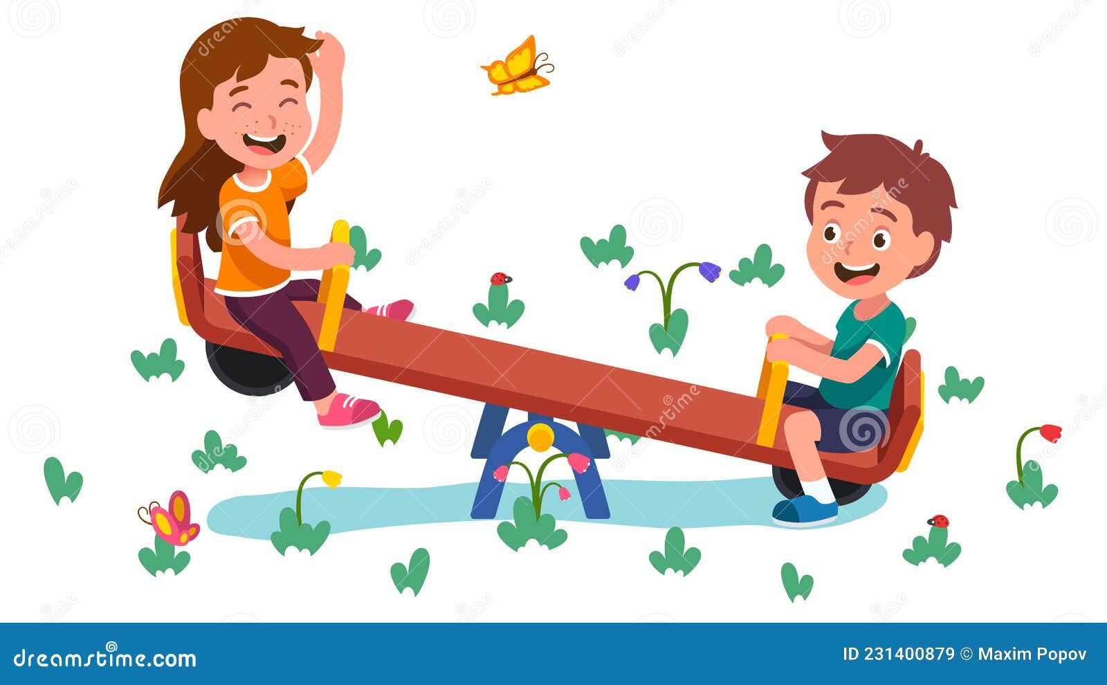 happy girl, boy kids swinging on seesaw together