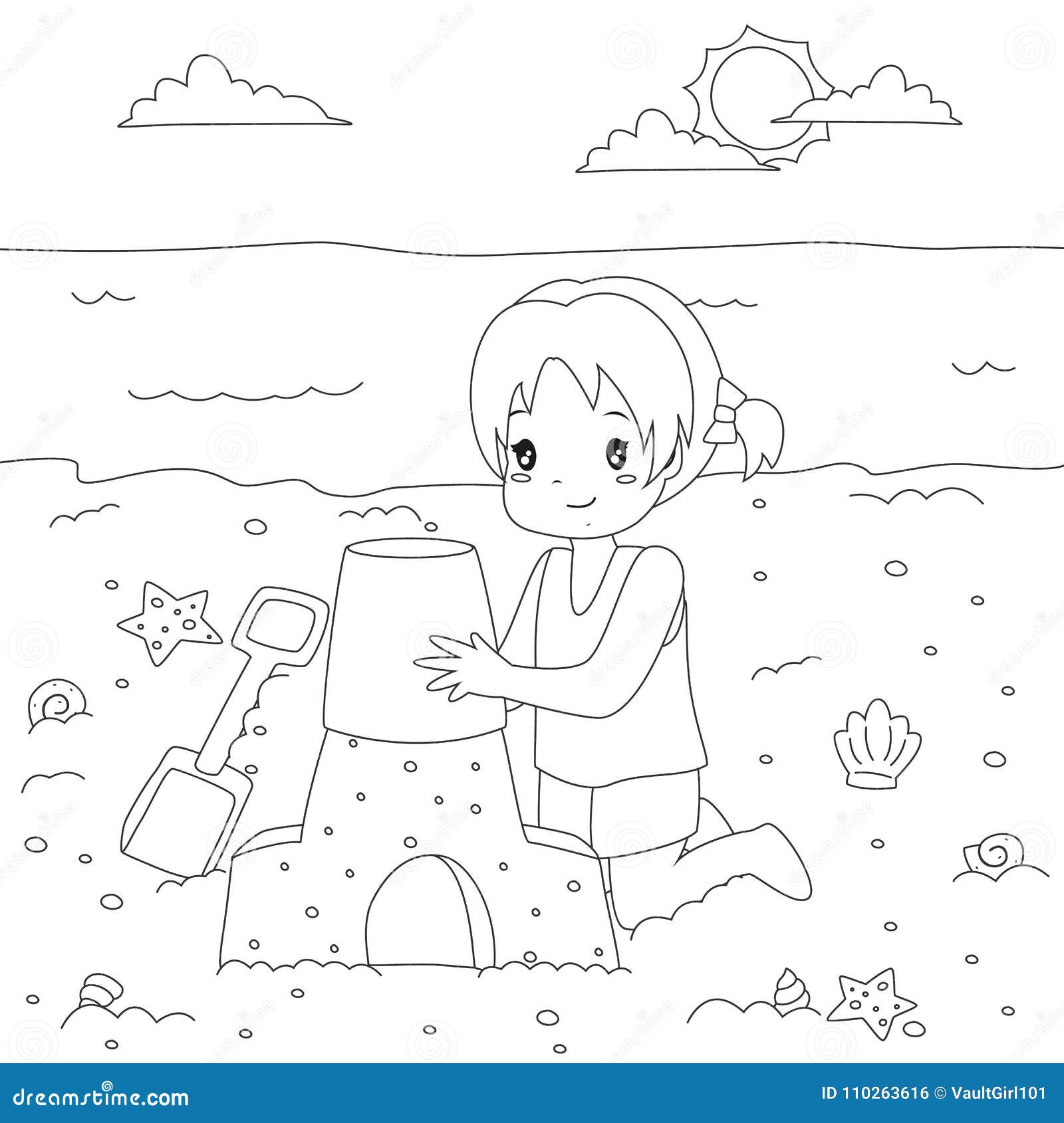 Download Happy Girl Making Sand Castle. Coloring Page Cartoon Vector Stock Vector - Illustration of ...