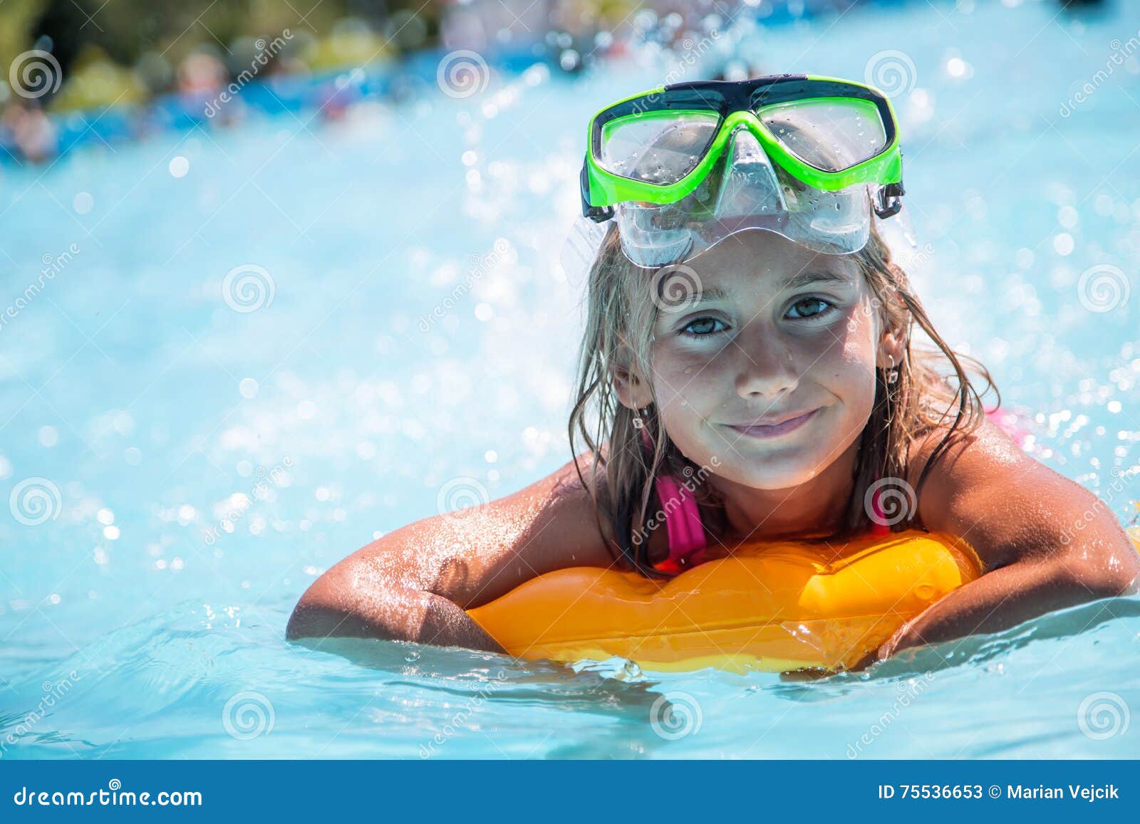 Happy Girl Child Playing in the Pool on a Sunny Day. Cute Little Girl ...