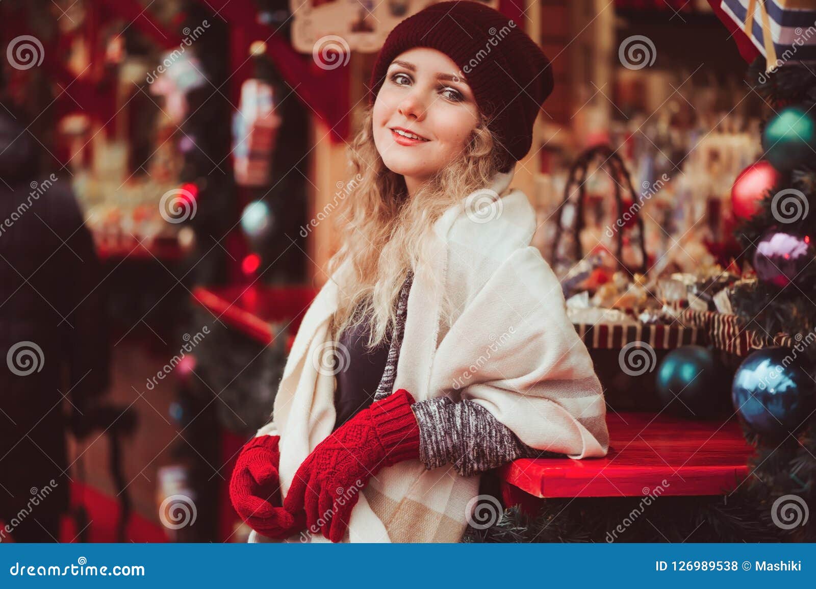 Happy Girl on Christmas Shopping at City Holiday Market Stock Photo ...