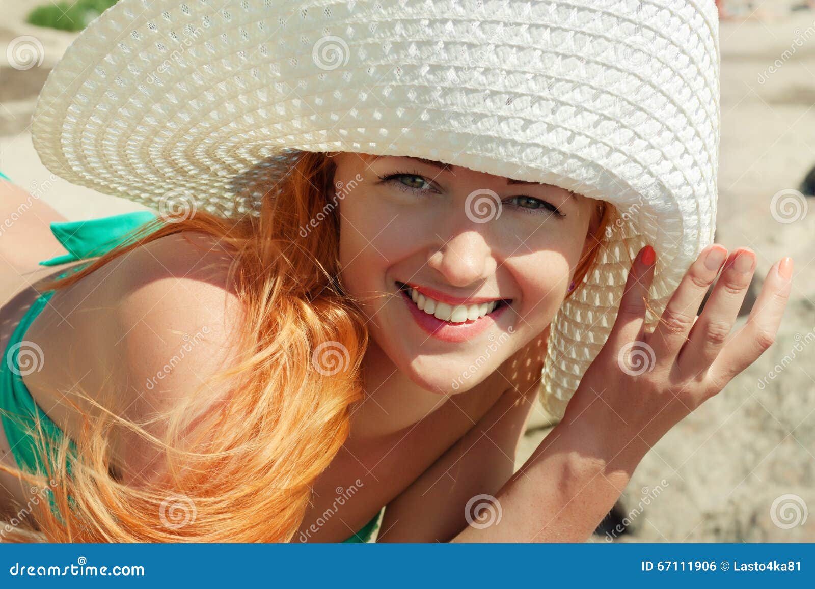 Happy Girl in Hat on Beach. Stock Photo Image of fashion, hair 67111906