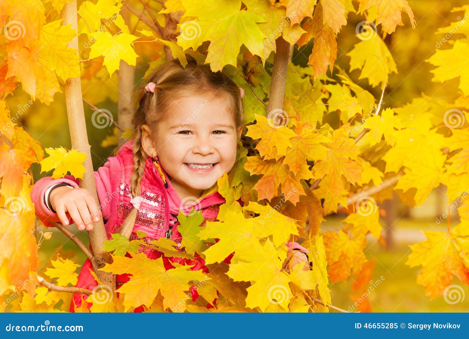Happy Girl Hides in Autumn Maple Leaves during Day Stock Image - Image ...