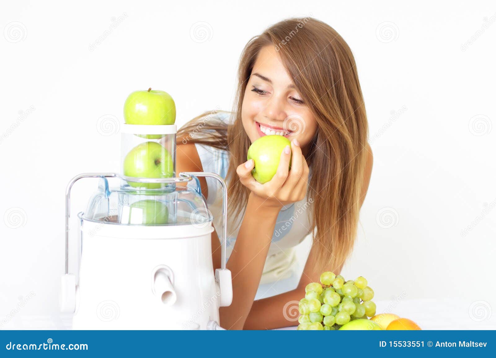 Happy girl about juicer stock image. Image of happiness 15533551