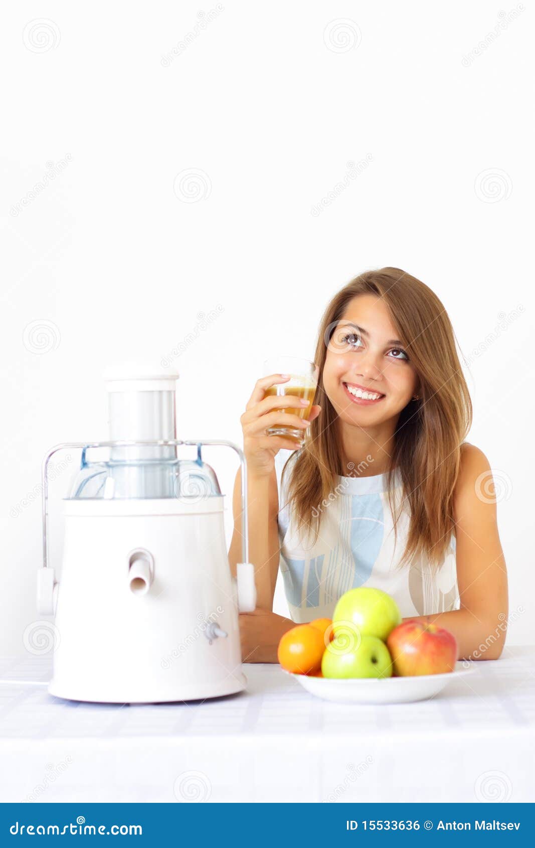 Happy girl about juicer stock photo. Image of juice, machine - 15533636