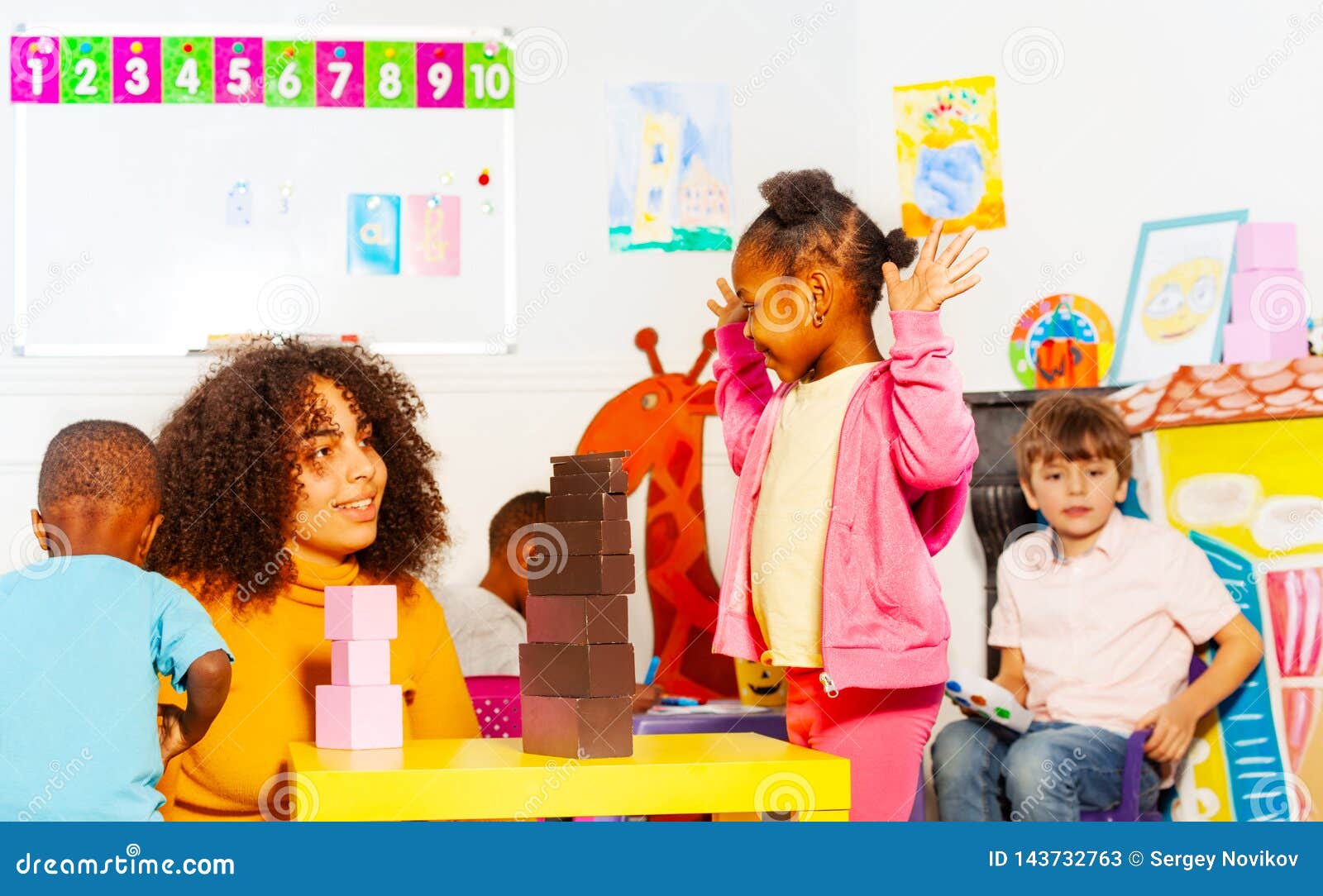 Happy Girl Play with Teacher Building Blocks Stock Image - Image of kids,  development: 143732763