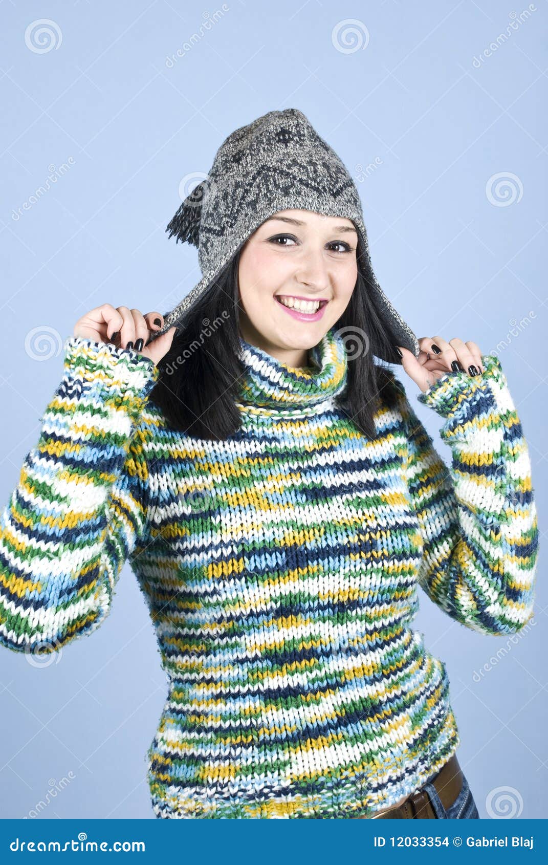 Happy Girl in Pullover and Wool Cap Stock Photo Image of beauty, colorful 12033354