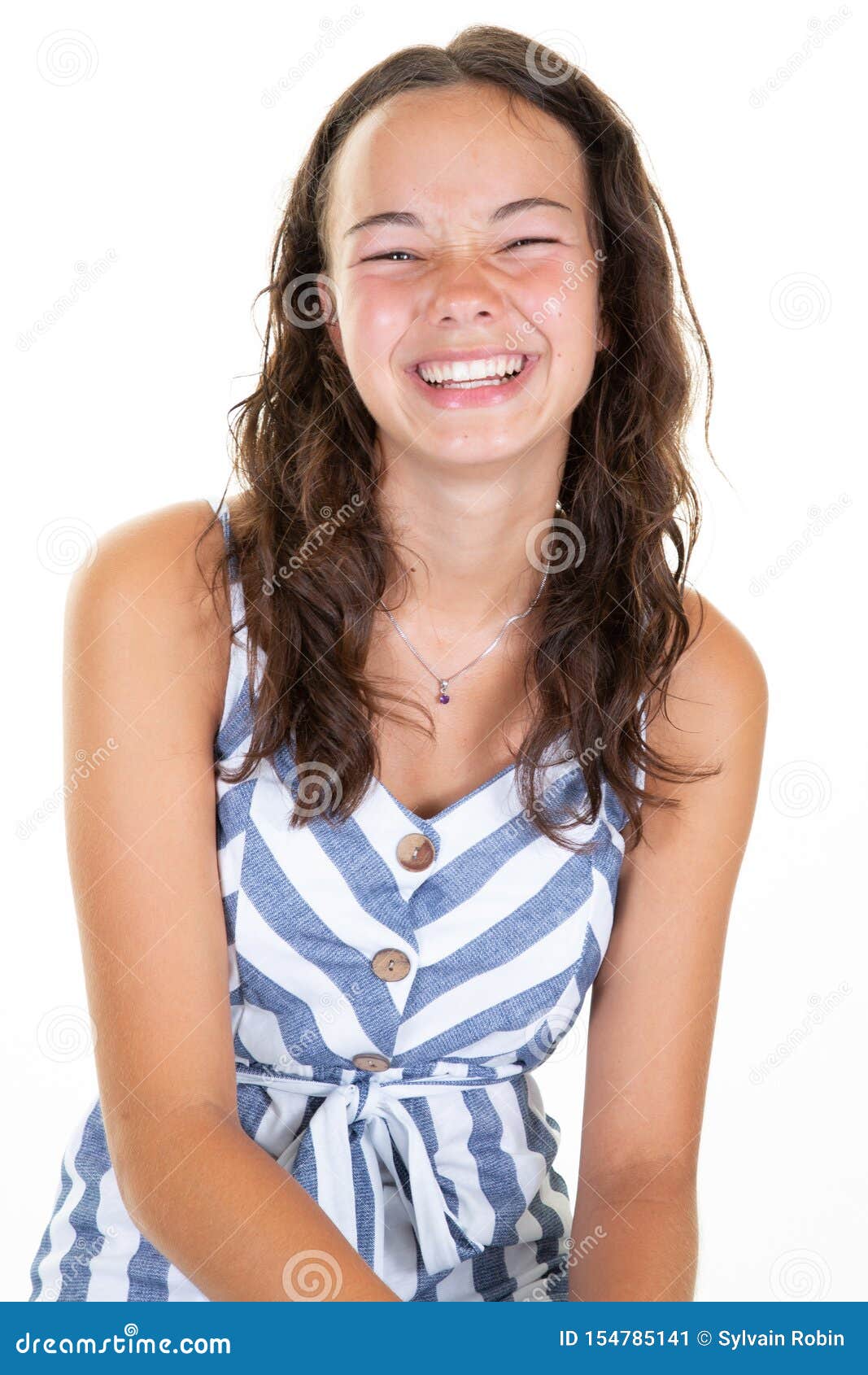 Happy Girl Teenager in White Blue Striped Outfit Clothes Stock Image ...
