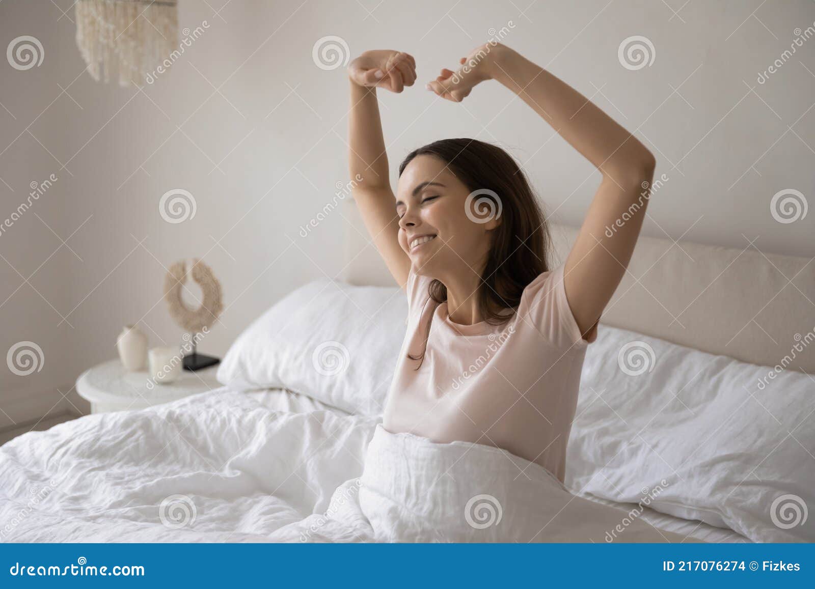 happy girl waking up early in morning