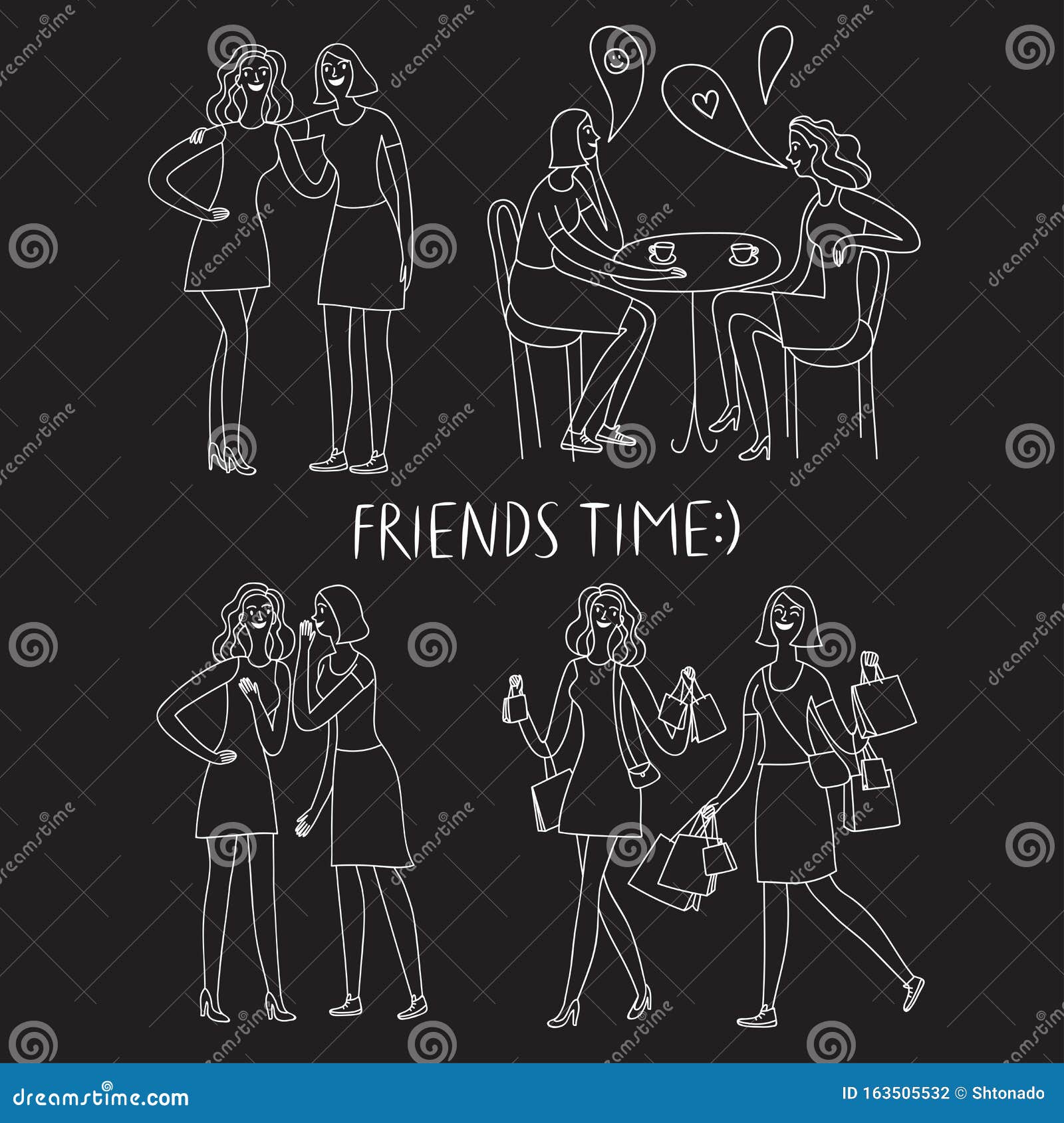 Happy Girls Friends Doodle Set on Black Background Stock Illustration -  Illustration of help, girl: 163505532