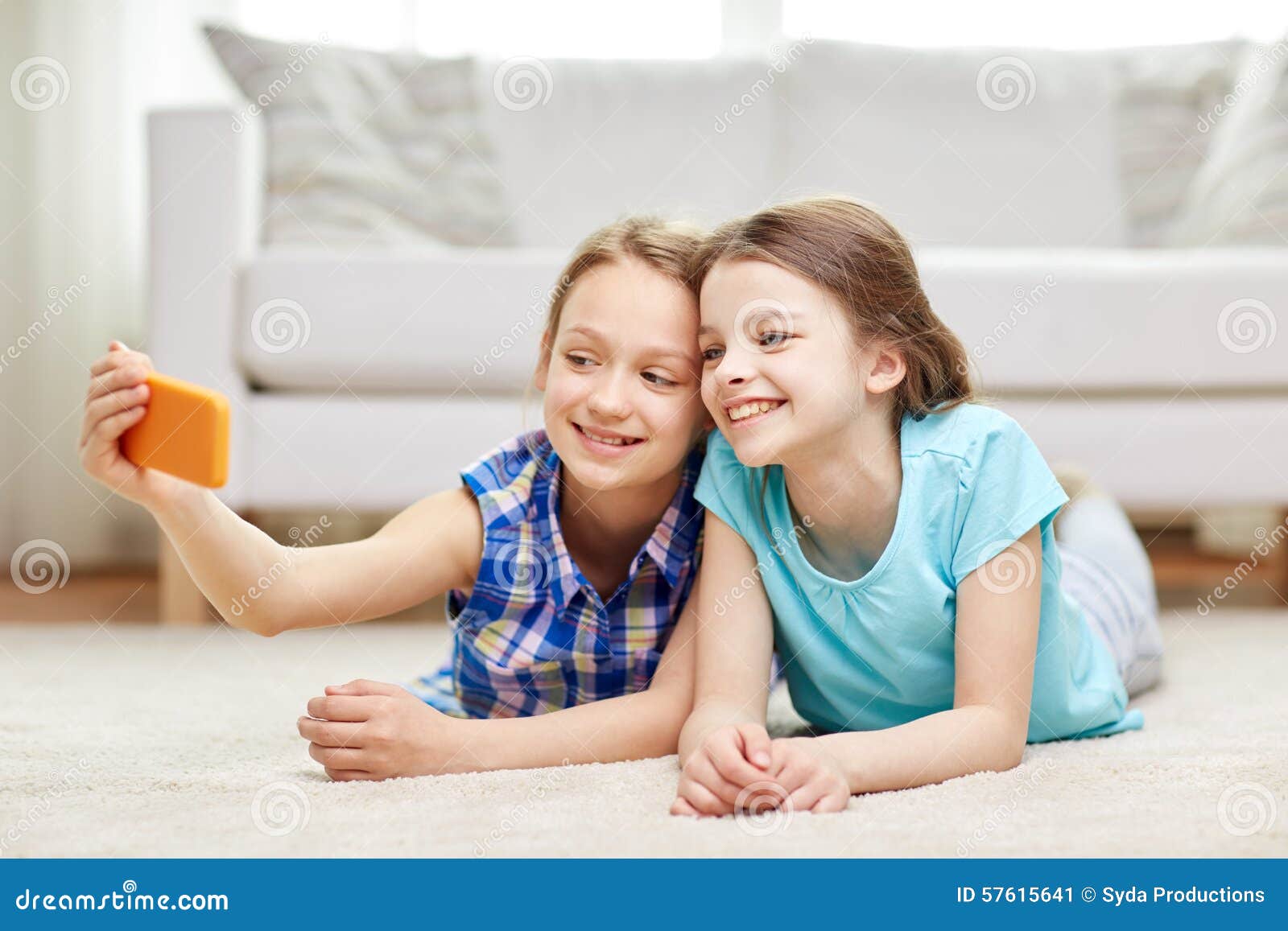 Happy Girls with Smartphone Taking Selfie at Home Stock Image - Image ...