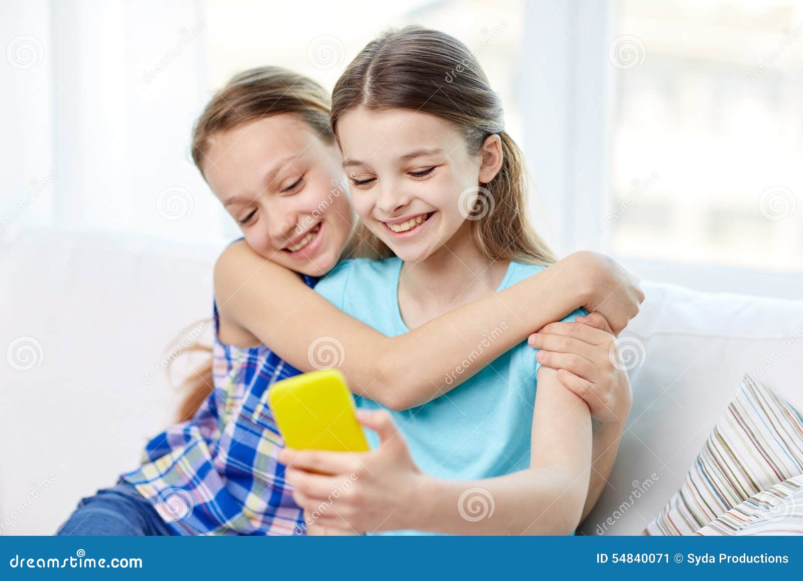 Happy Girls with Smartphone Taking Selfie at Home Stock Image - Image ...