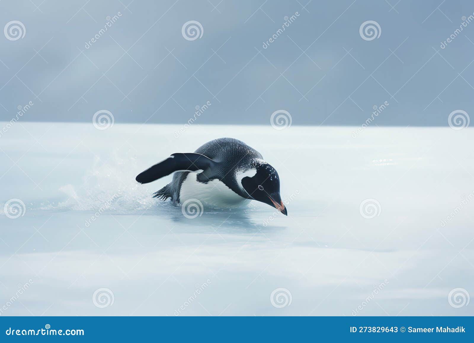 A Happy - Go - Lucky Penguin Sliding on the Ice. Generative AI Stock