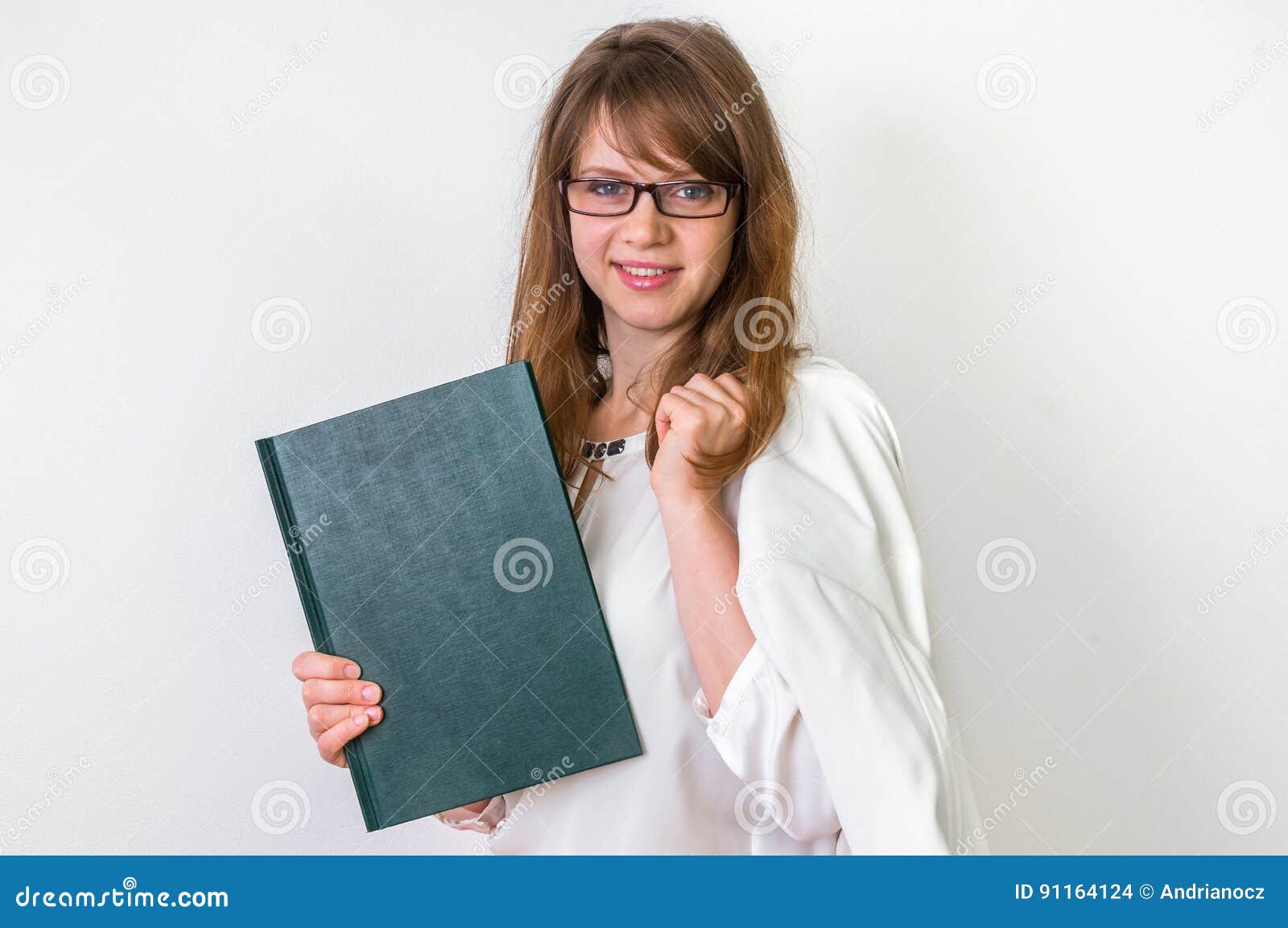 Happy Graduate Woman with Her Dissertation Work on White Stock Photo