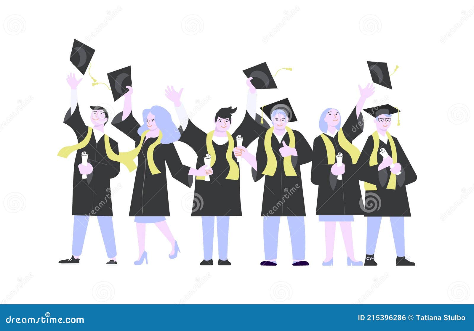 Happy Graduates Men And Woman Throws The Academic Caps Up Stock Vector Illustration Of Grad