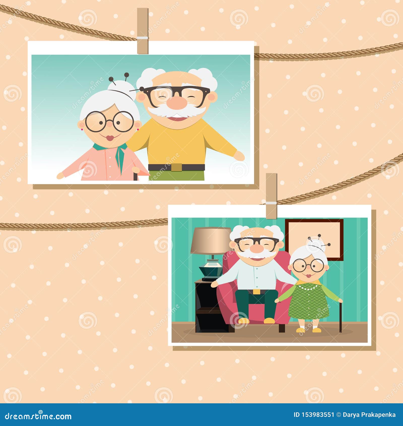 Happy Grandparents Day. Photo of Cute Cartoon Grandparents. Photo Frame  with Rope Stock Vector - Illustration of card, grandparent: 153983551