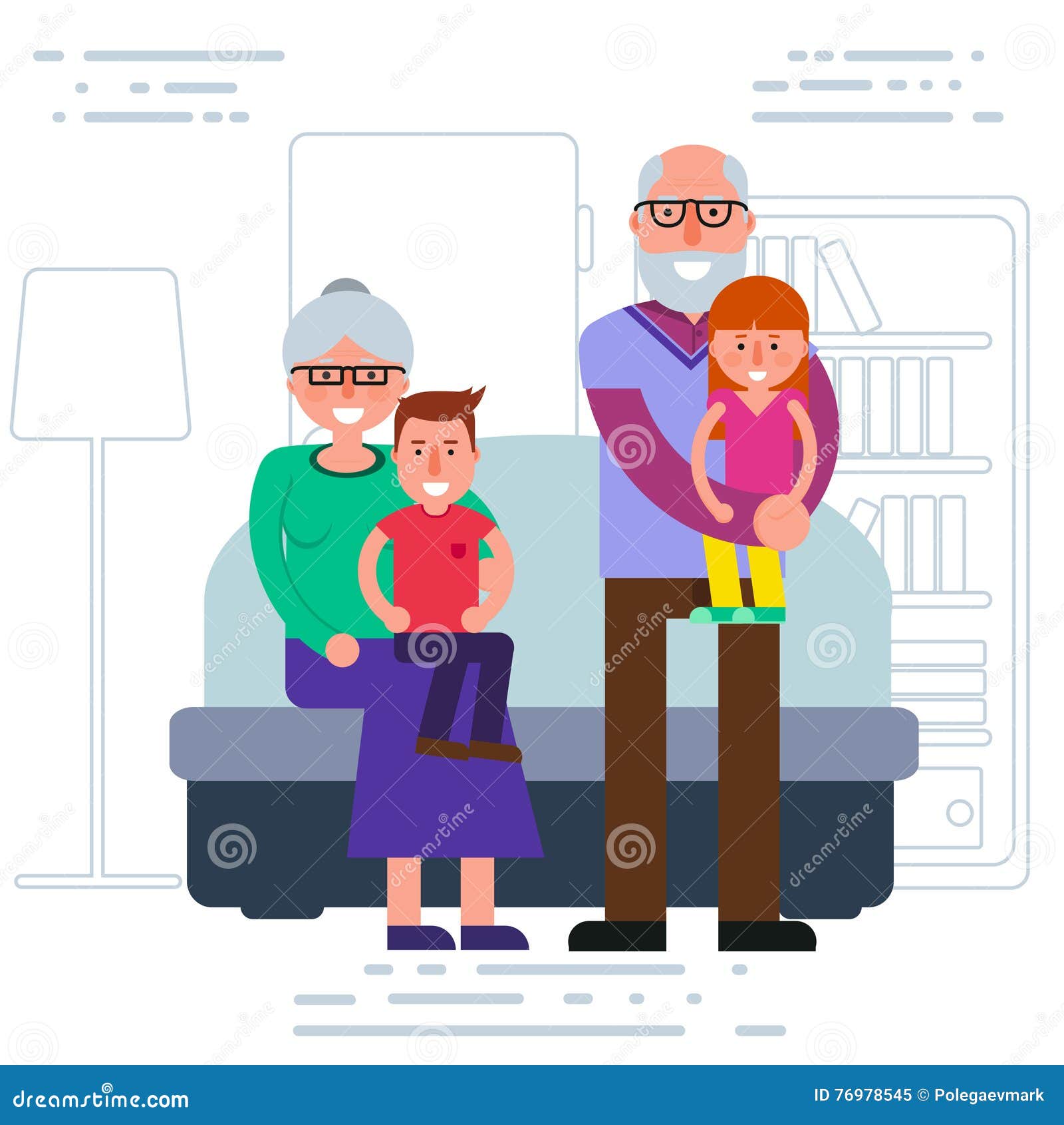 Happy Grandparents With Grandchildren Portrait. Smiling Grandma Stock