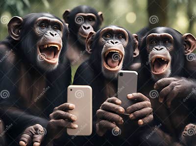 Happy Group of Chimpanzeess Smiling Taking Selfie-summer Vibes Stock