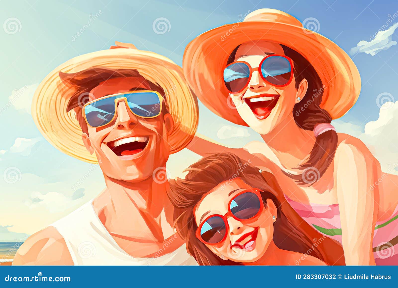 Happy Group of Friends at the Beach in Summer Time. Generative AI Stock