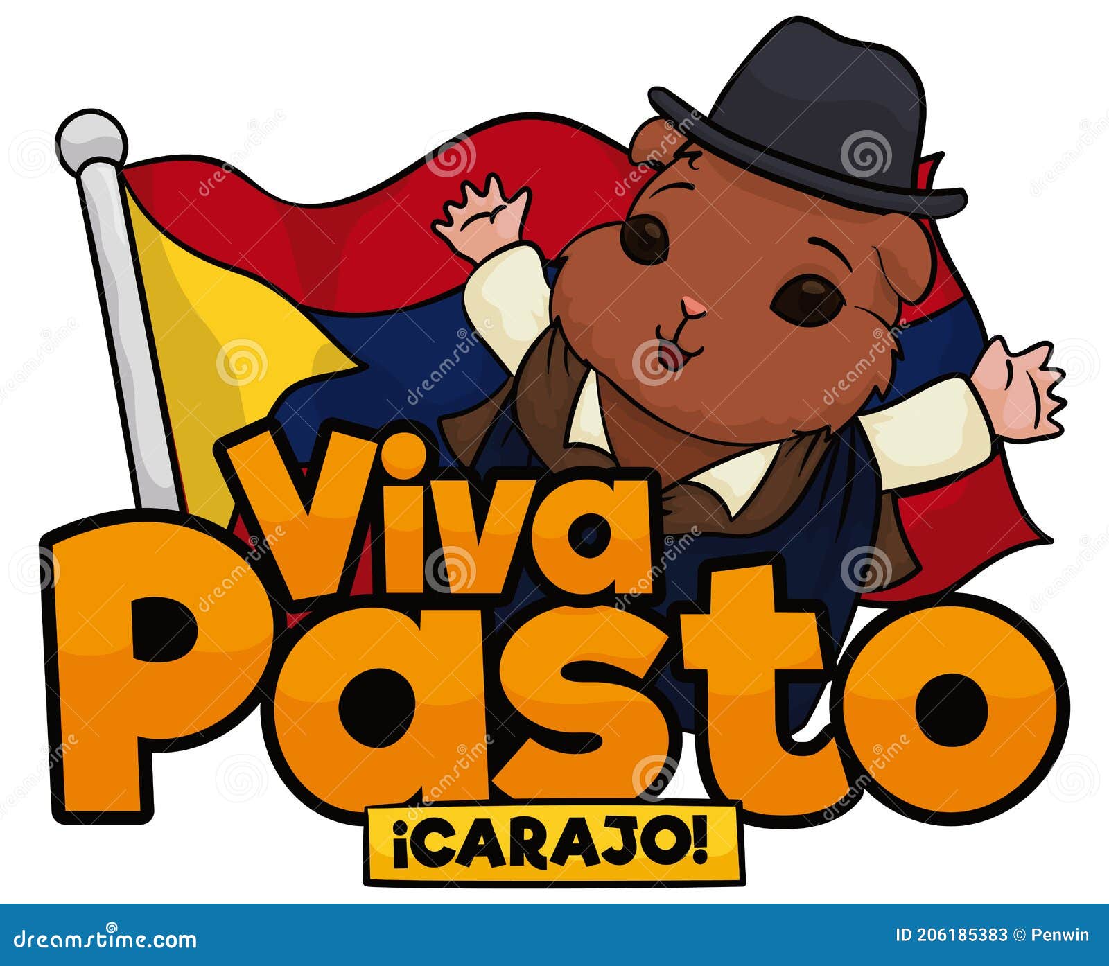 guinea pig over pasto city flag and greeting for the carnival,  