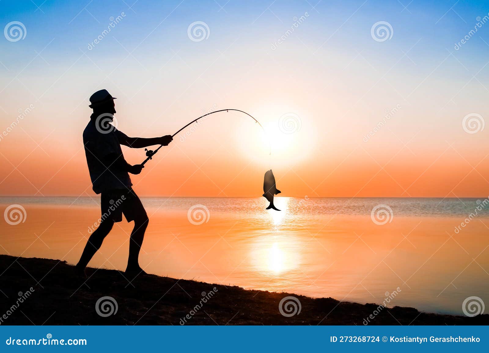 A Happy Guy Fisherman Catching Fish by the Sea on Nature Silhouette Travel  Stock Photo - Image of morning, leisure: 273268724
