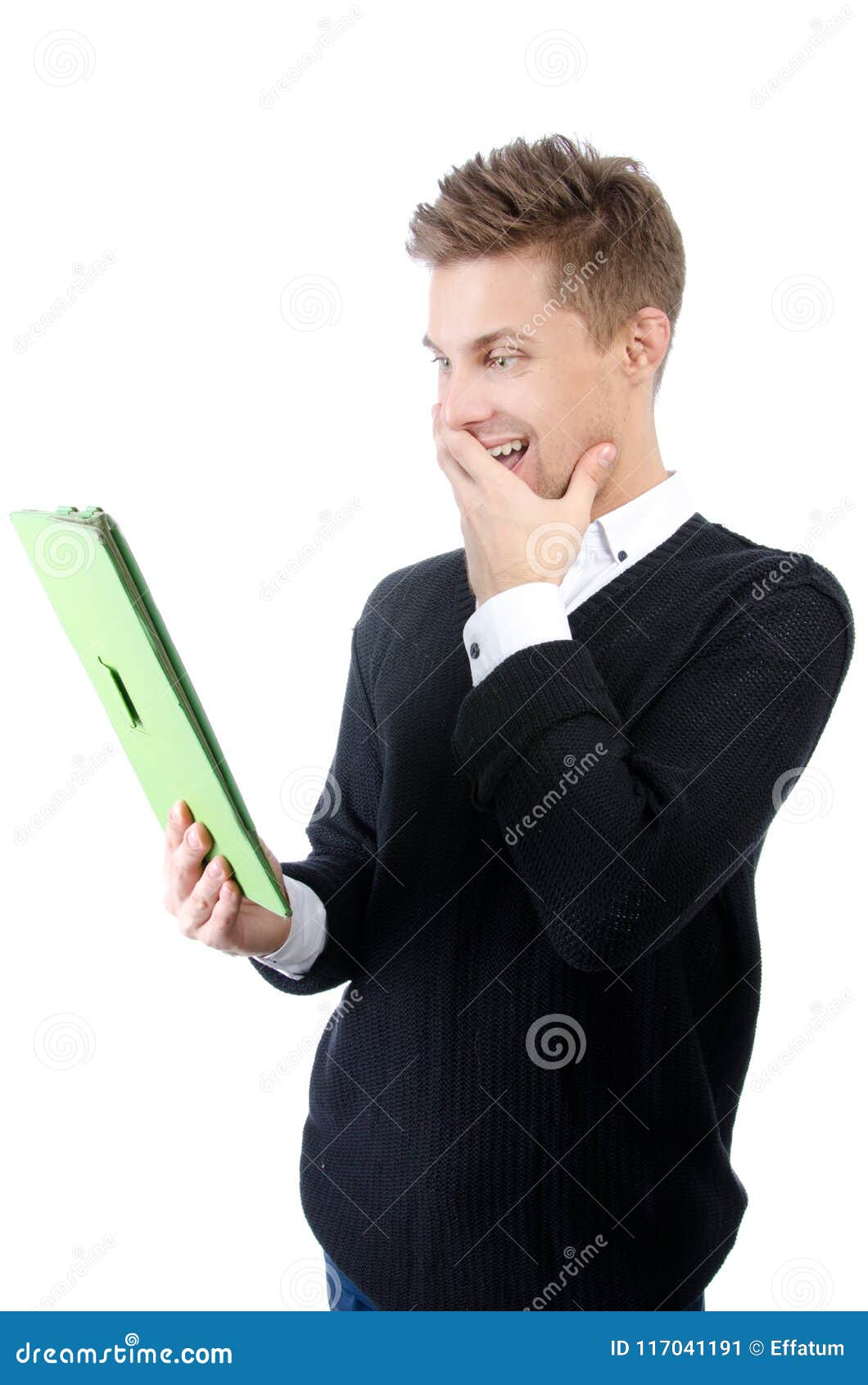 Happy Guy with the Tablet. Attractive Guy with the Tablet. White