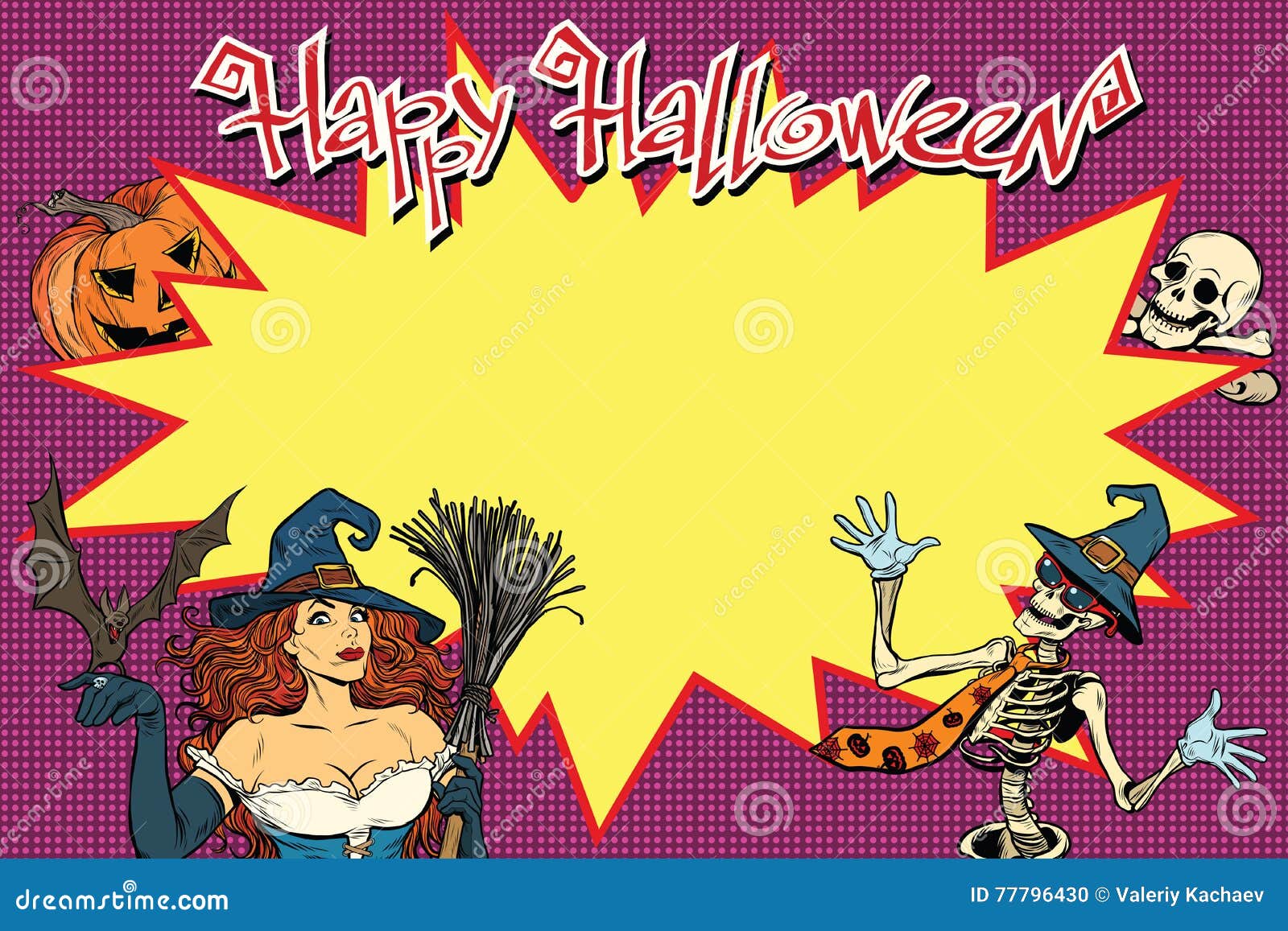 Happy Halloween Background With Witch, Skeleton And Pumpkin Stock Vector -  Illustration Of Center, Carnival: 77796430