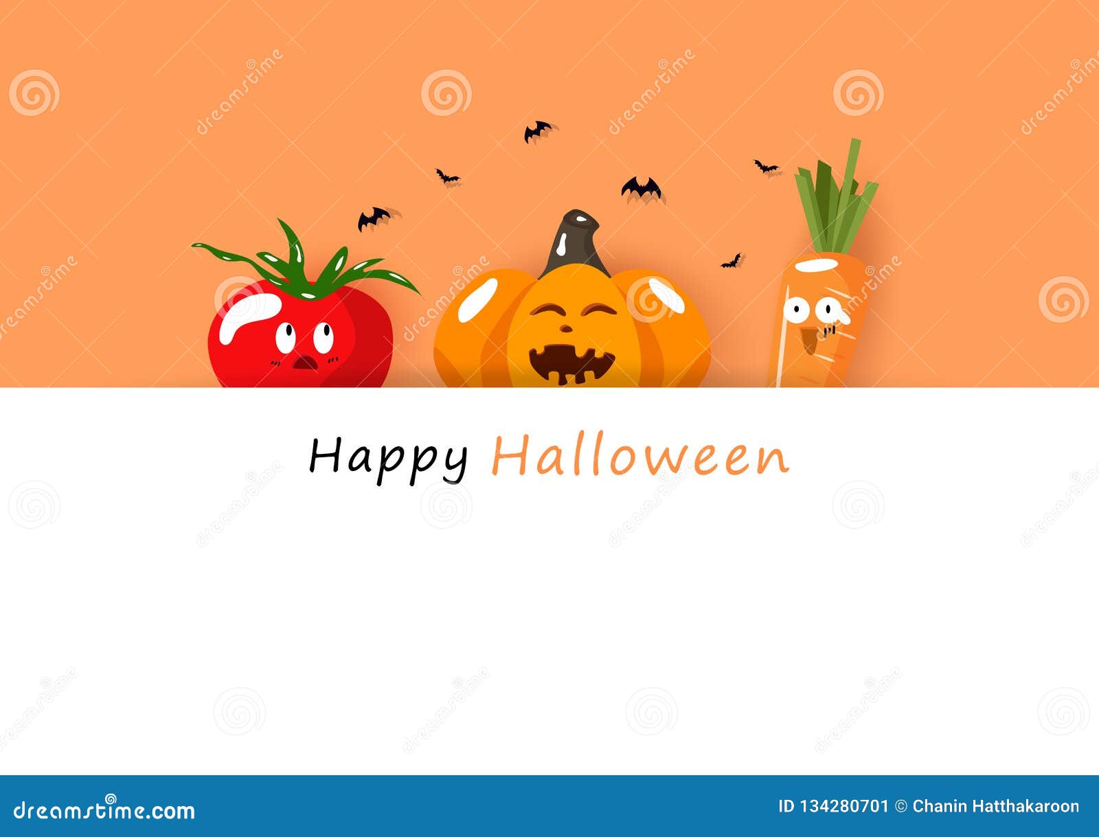 Happy Halloween Card, Cute Pumpkin, Tomato And Carrot Emotion ...