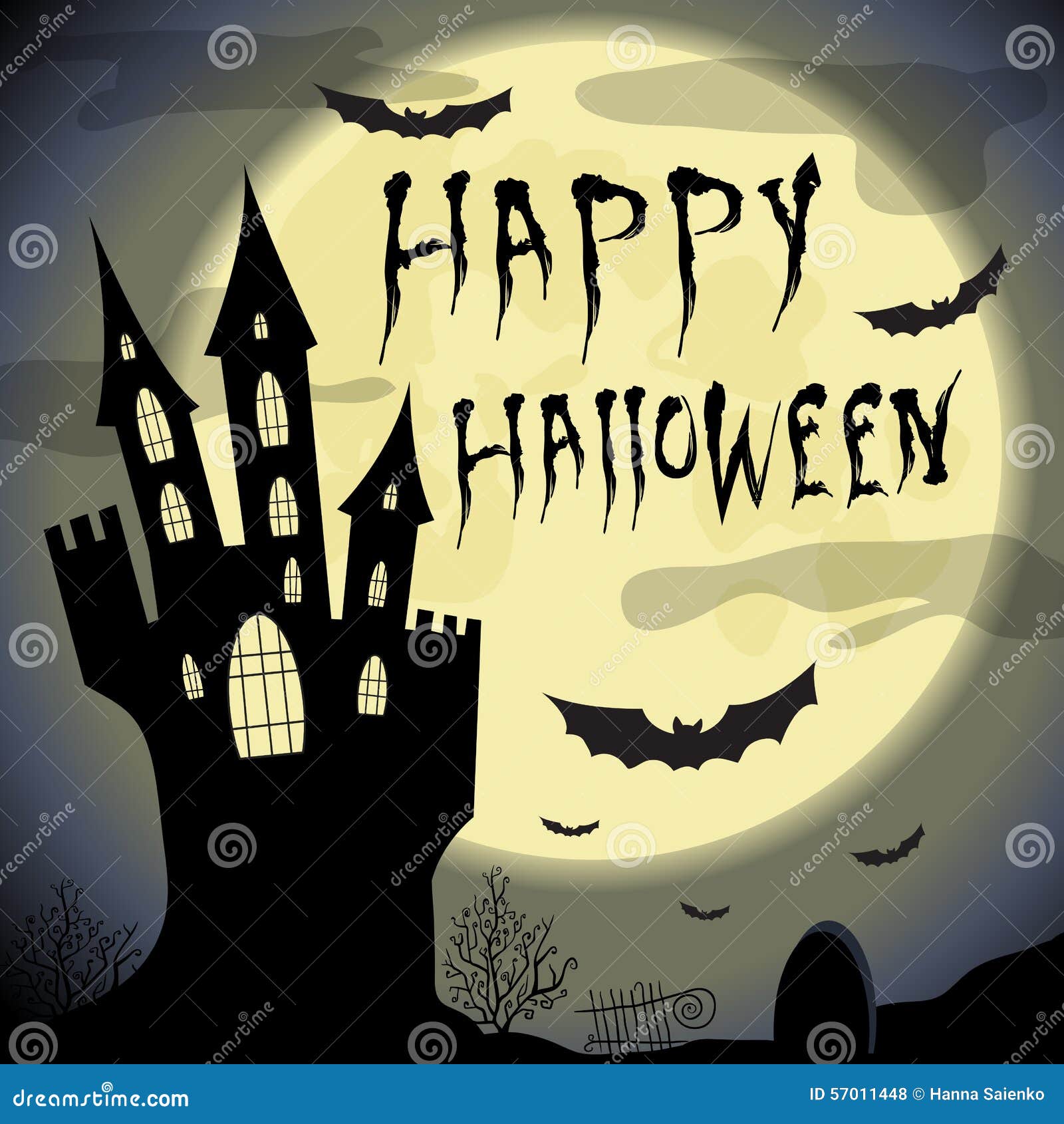 happy halloween card halloween template haunted castle full moon trees bats dark backdrop vector design elements 57011448