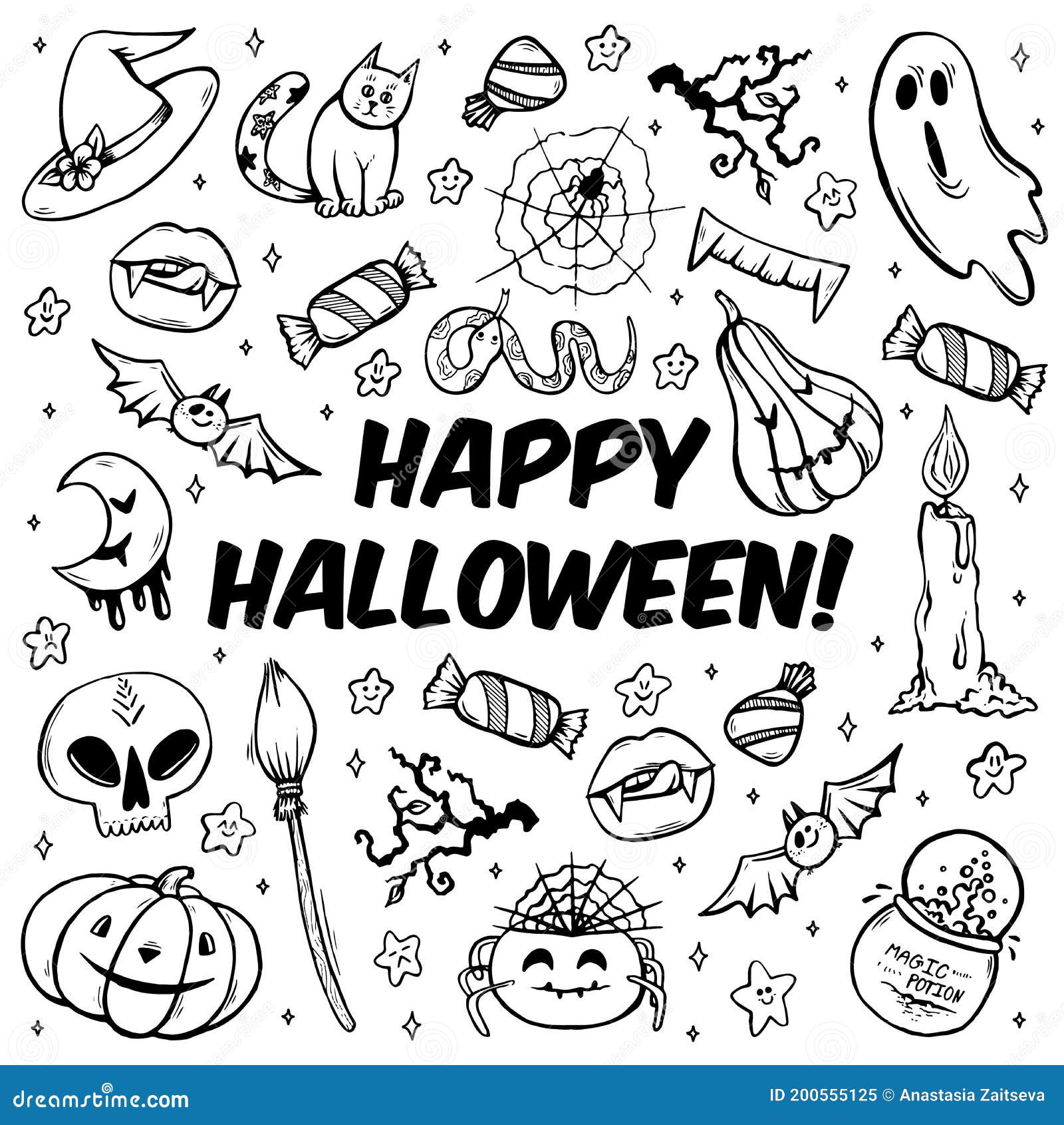 Happy Halloween Coloring Page with Spooky Objects, Hand Drawn Cute ...