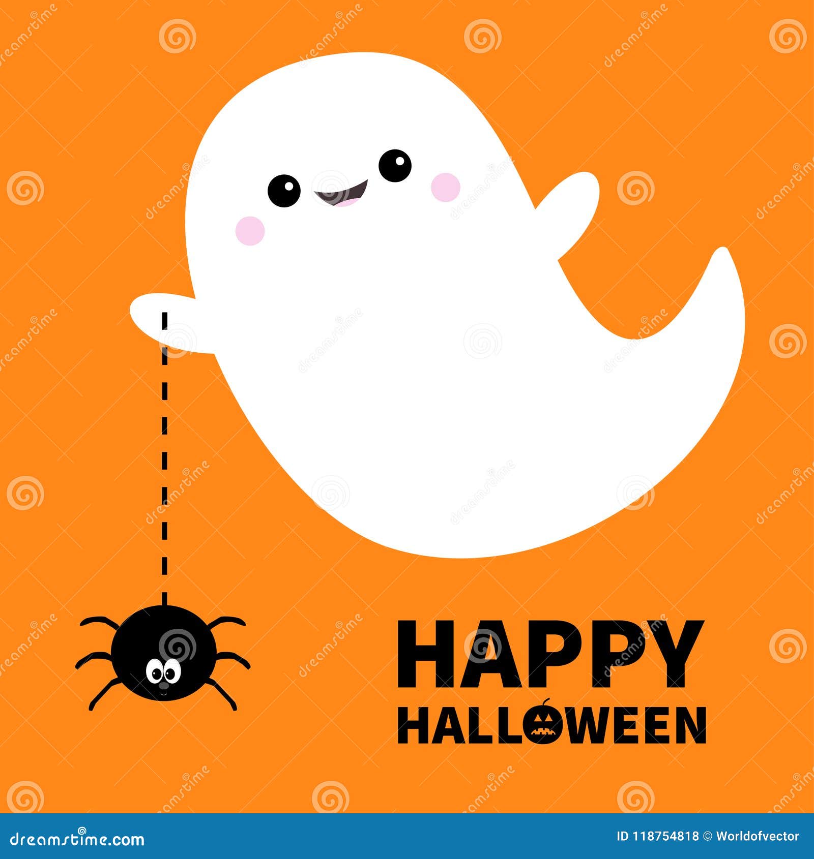 Happy Halloween. Flying ghost spirit holding spider Dash line web Boo. Scary white ghosts. Cute cartoon spooky character. Smiling face, hands. Orange background Greeting card. Flat design. Vector