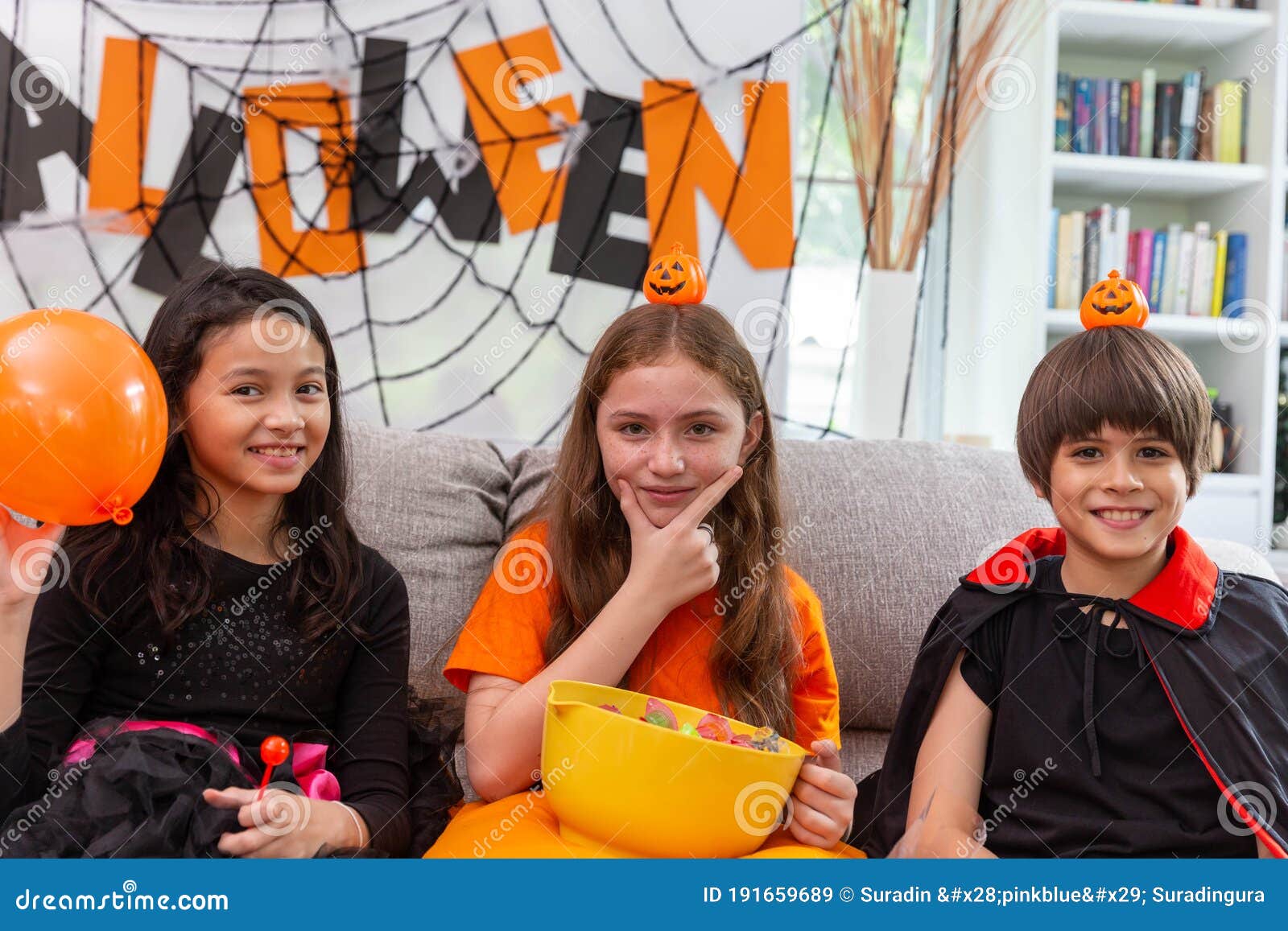 Happy Halloween by a Group of Children, Brother and Sister in Carnival ...