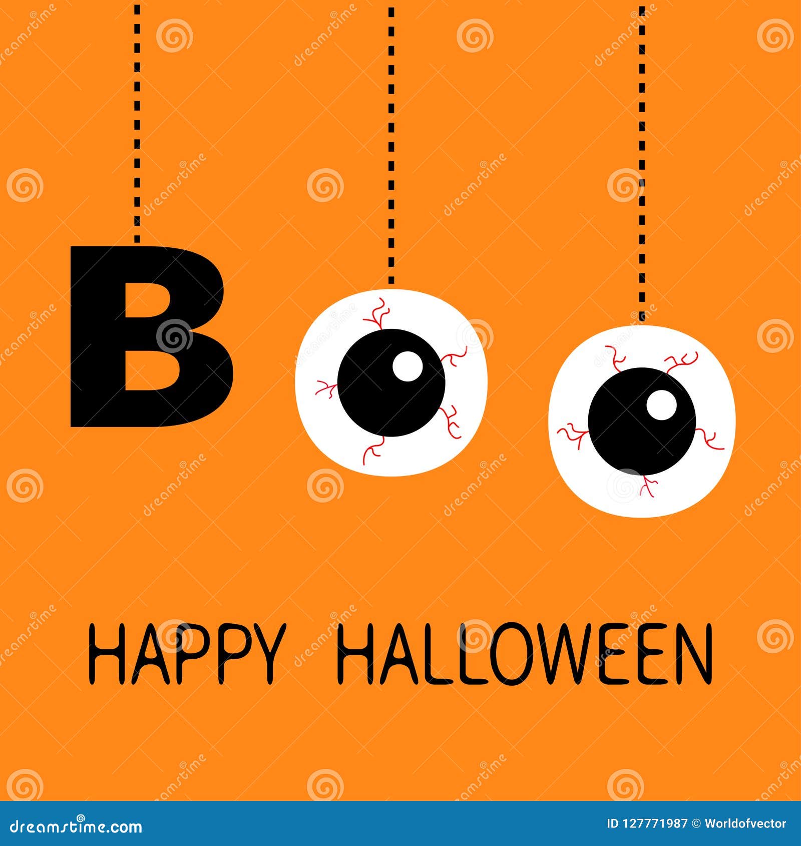 happy halloween. hanging word boo text eyeballs bloody veins. dash line thread. greeting card. flat . orange background.