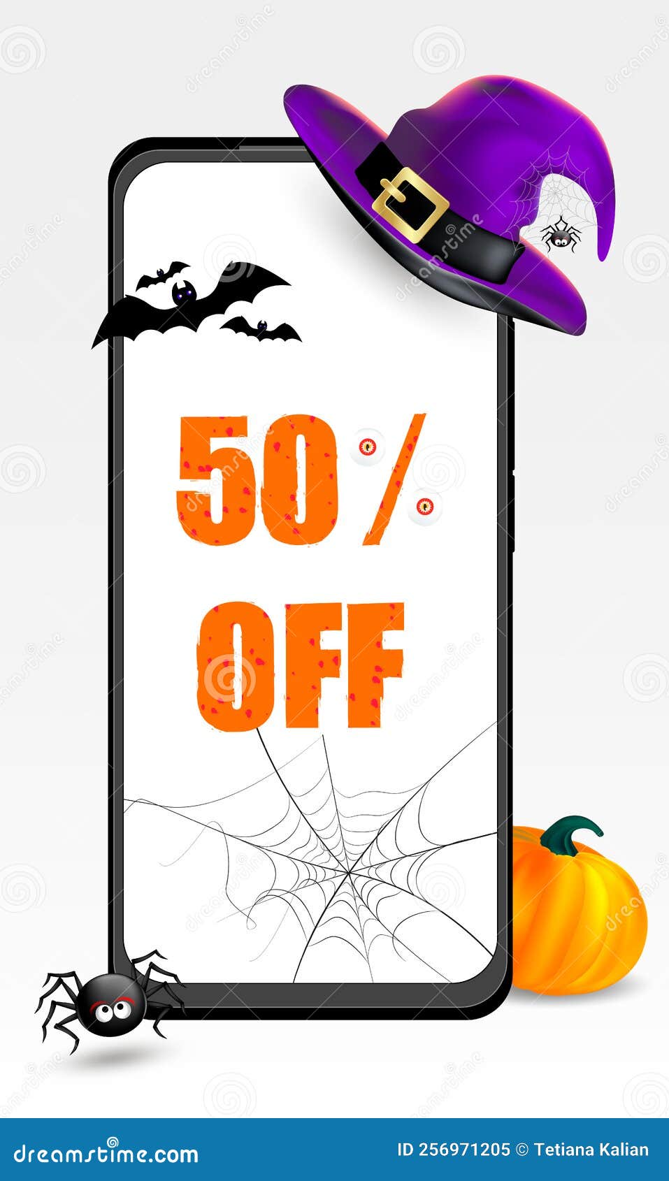 happy halloween holiday ad vertical banner with phone mock-up, text, witch hat, flying bats, pumplin and spider 