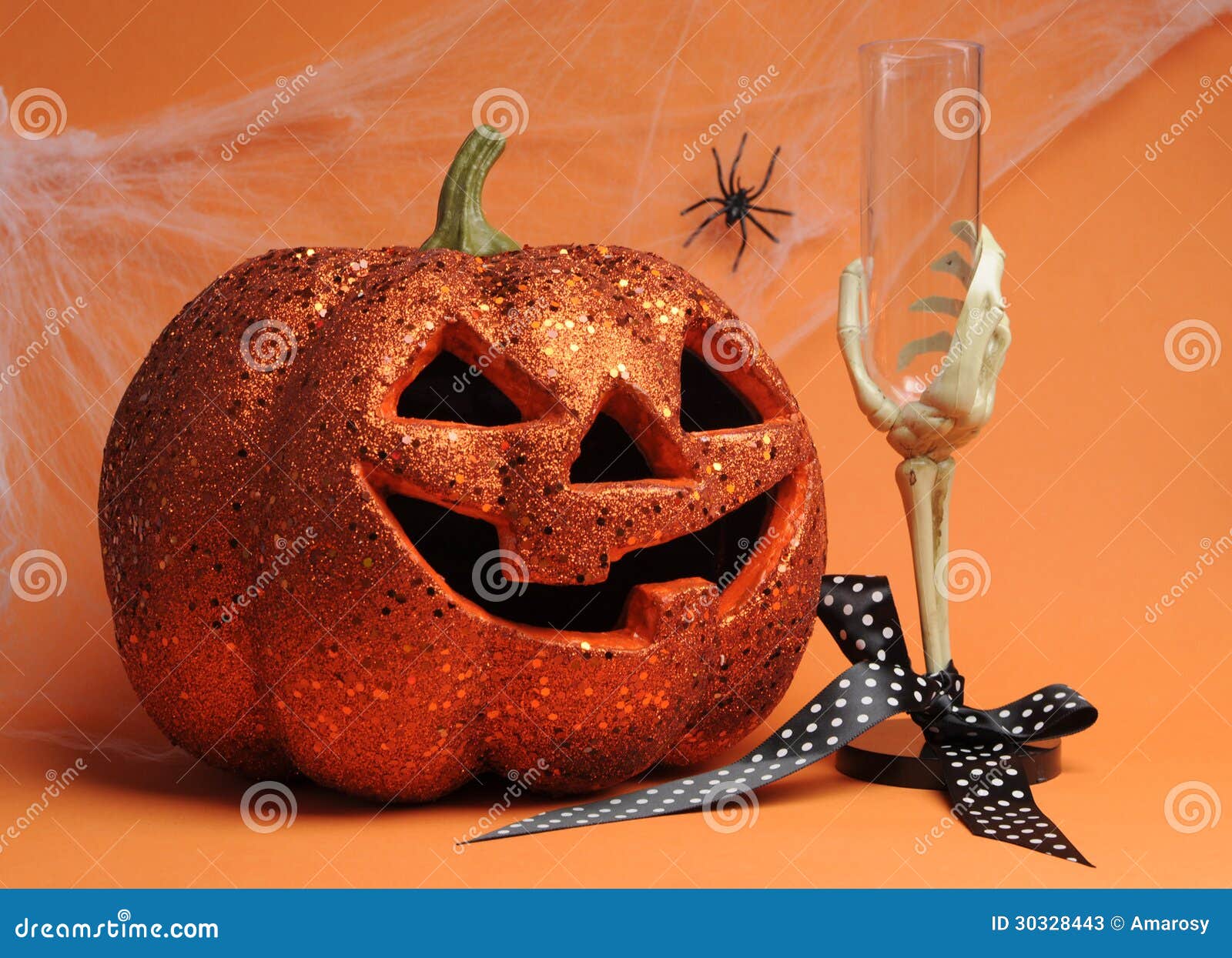 Happy Halloween Jack-o-lantern Pumpkin with Skeleton Hand Glass Stock ...