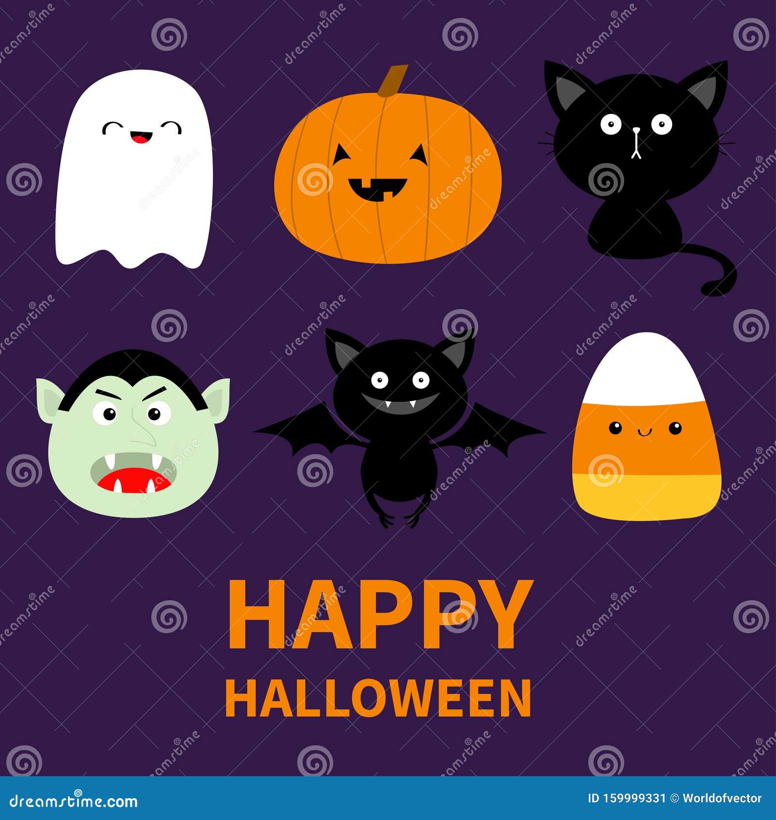 Happy Halloween Pompoen, Kat, Vleermuis Met Gezicht Cute Cartoon Grappige Babytekenset Vector Illustratie - Illustration of klem, vlak: 159999331