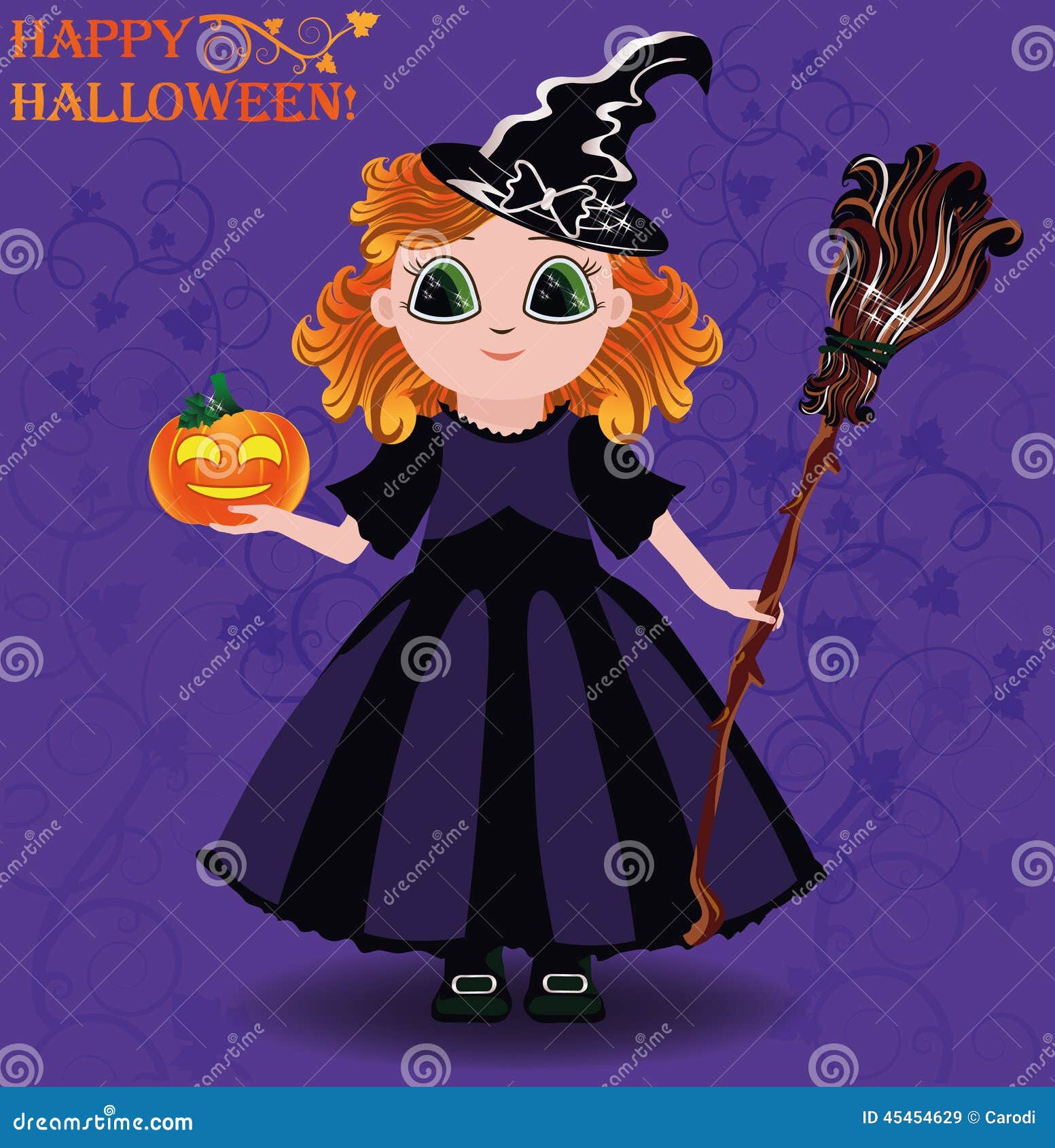 Happy Halloween. Little Girl Witch and Pumpkin Card Stock Vector ...