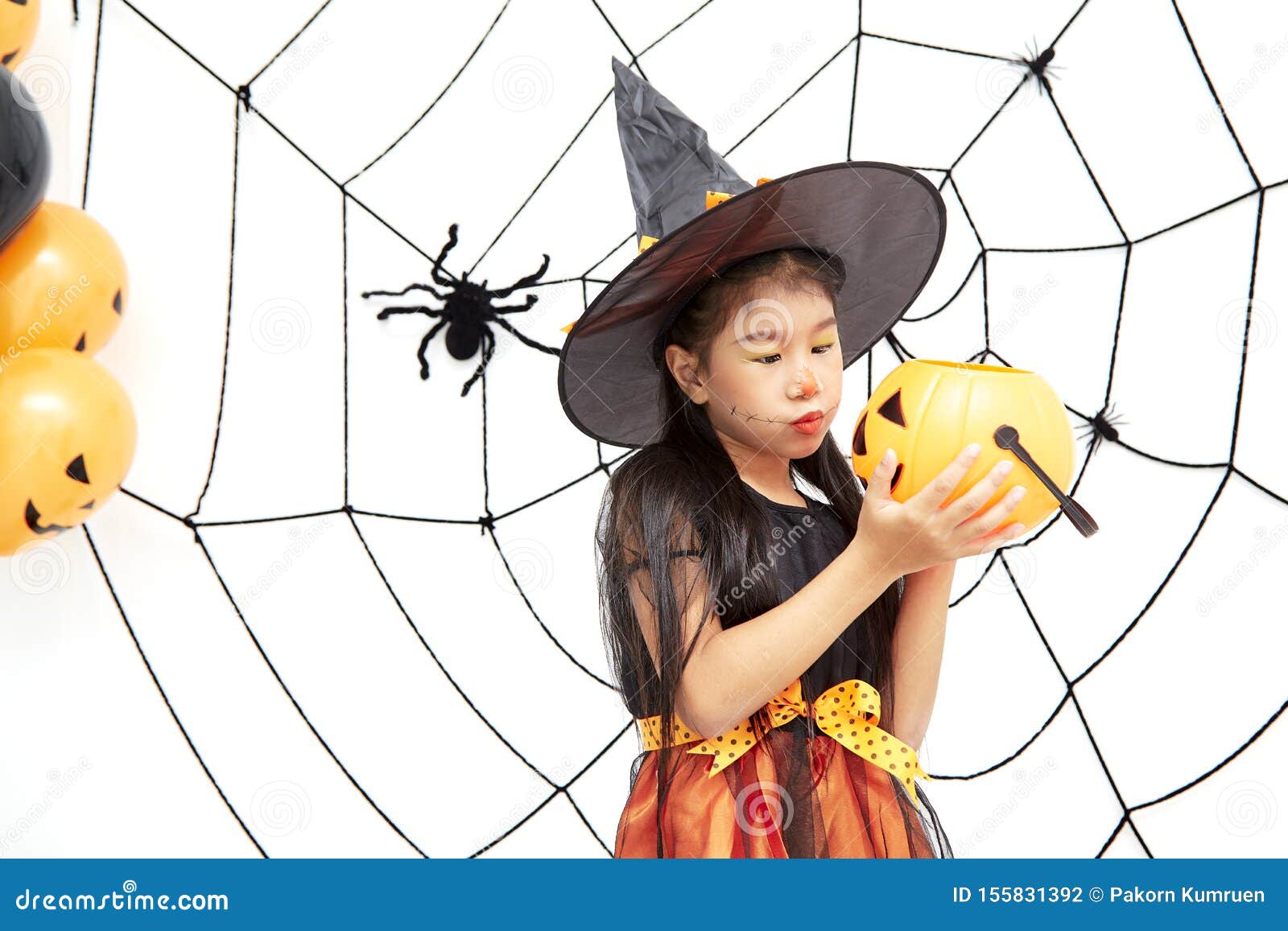 Happy Halloween Little Witch with a Pumpkin Stock Photo - Image of ...