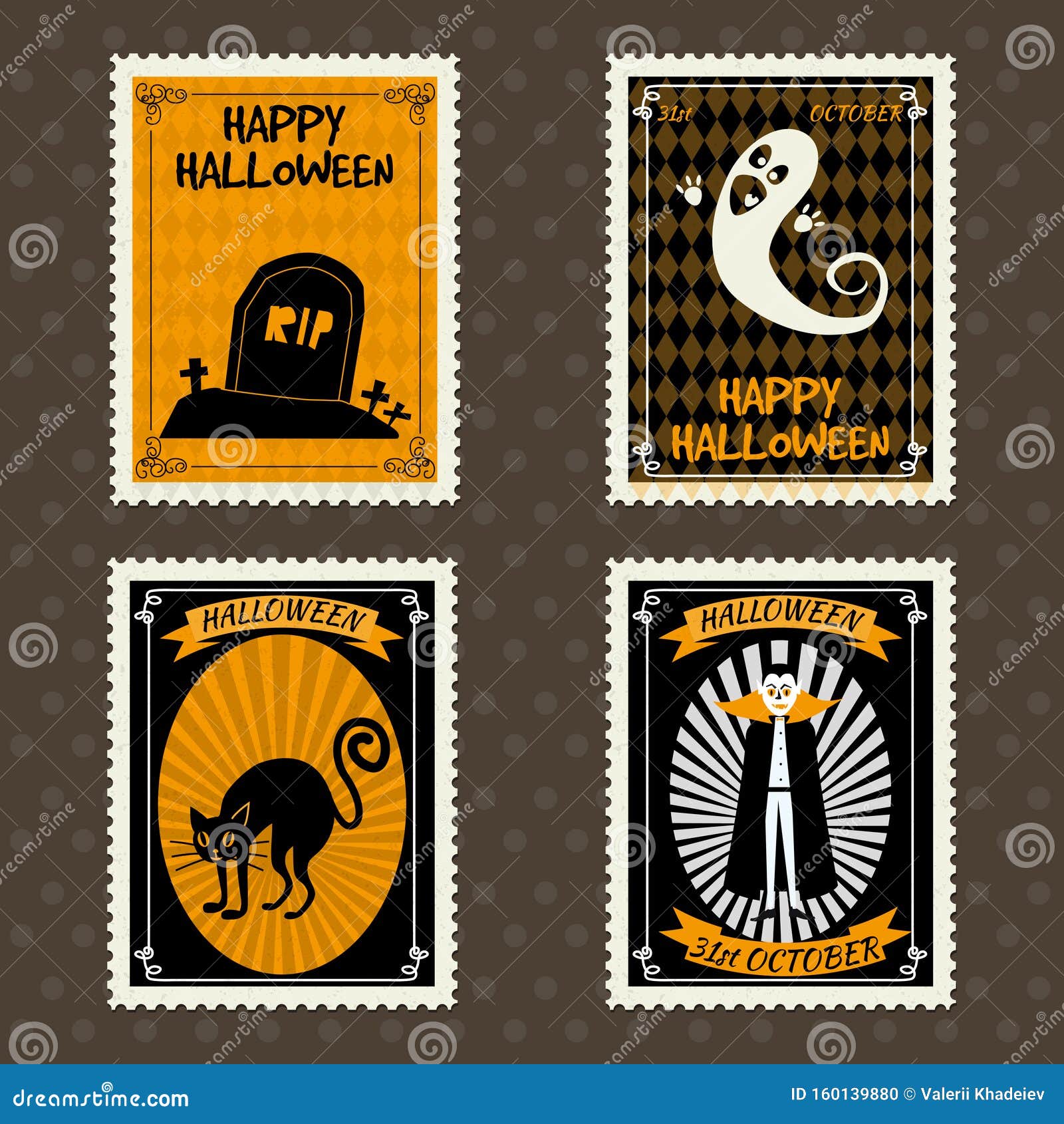 Happy Halloween Postage Stamps with Ghost, Vampire, Black Cat Grave
