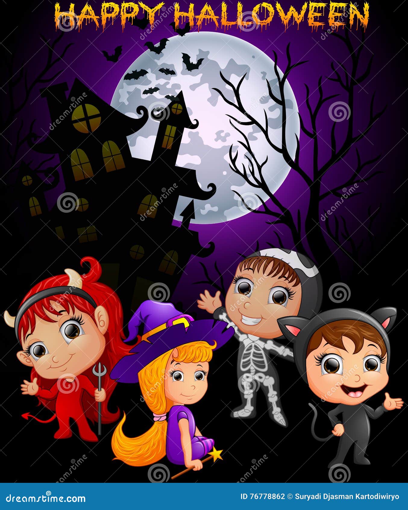 Happy Halloween Purple Background with Children in Halloween Costume ...