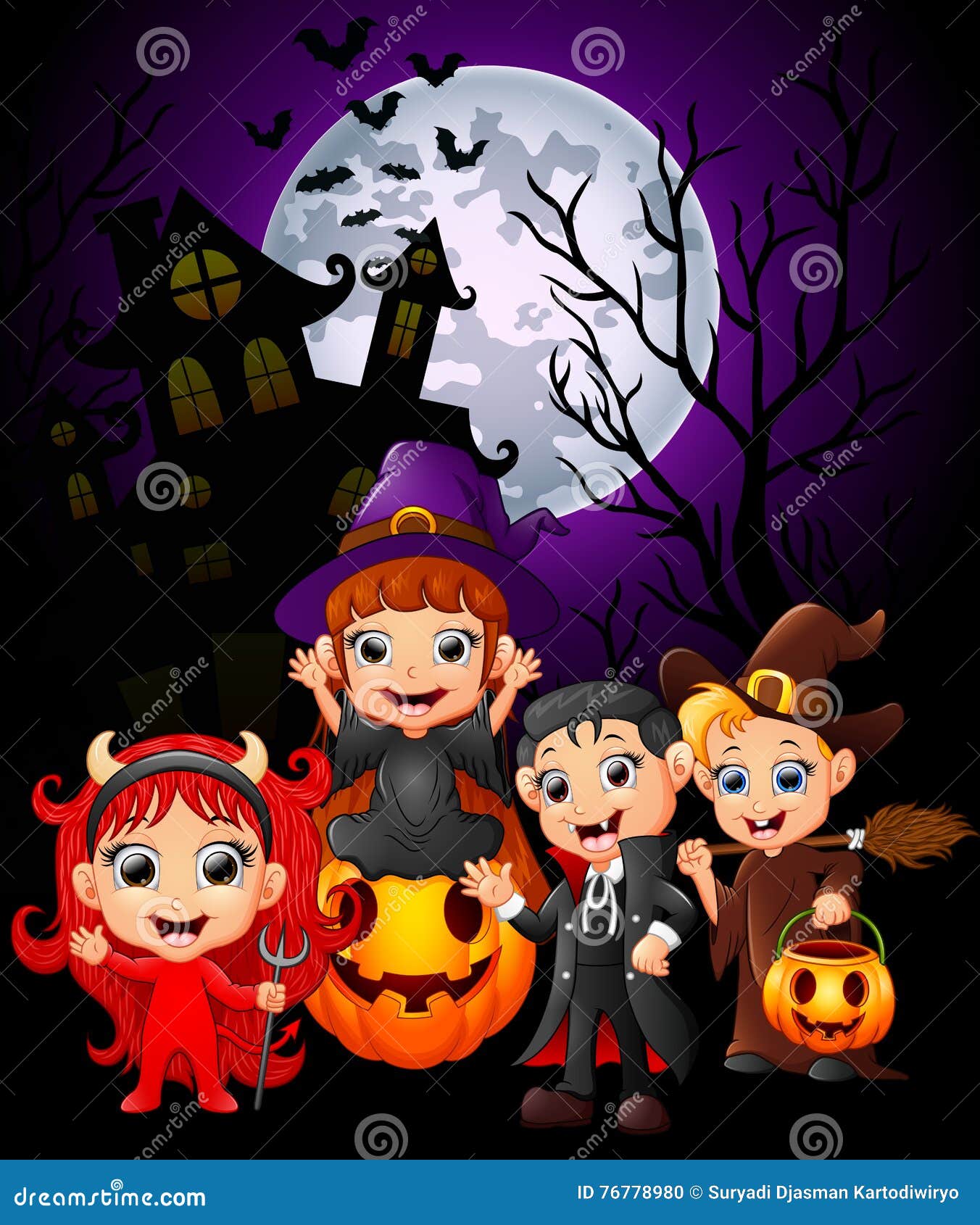 Happy Halloween Purple Background with Children in Halloween Costume ...